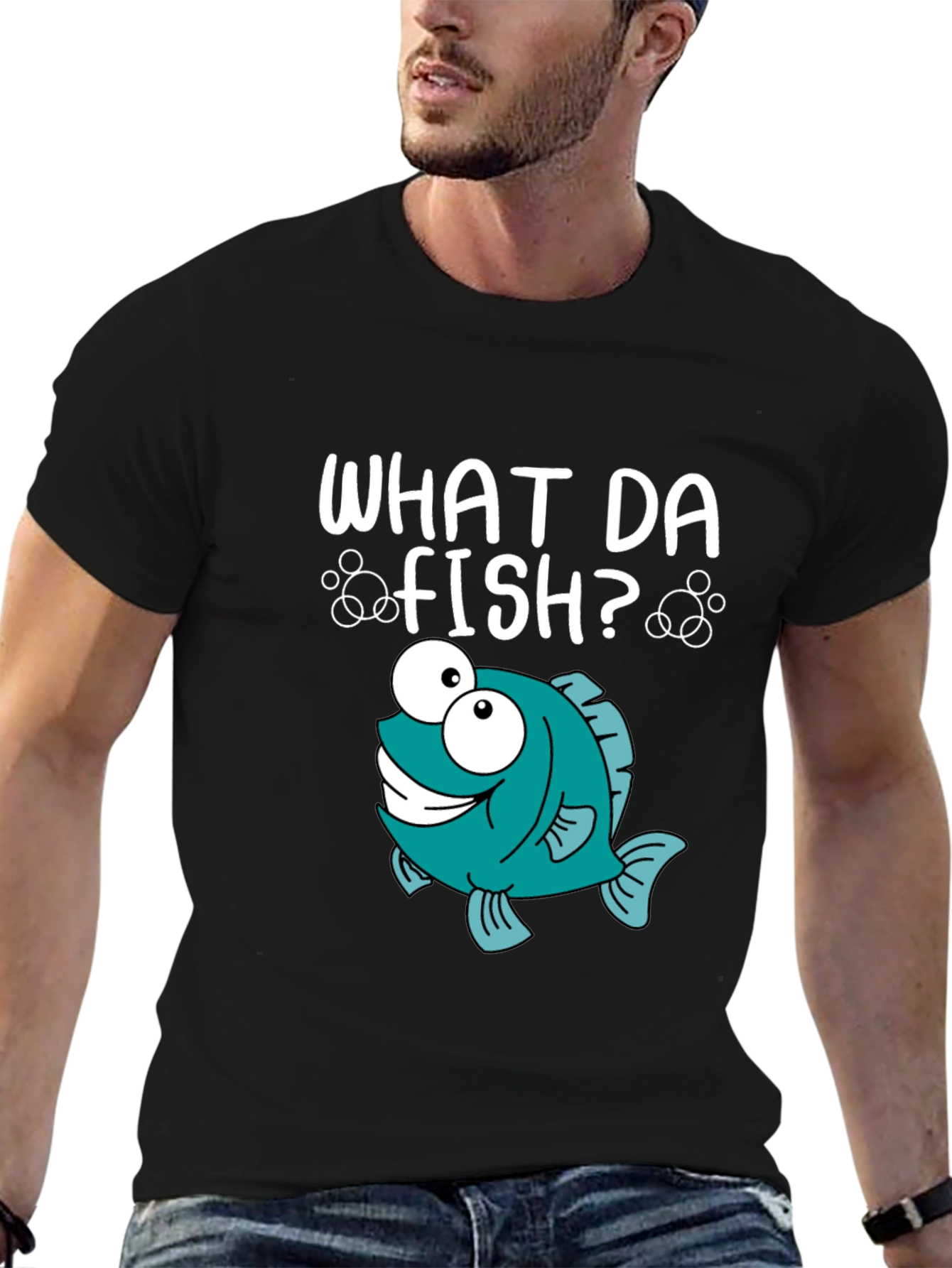 Black What Da Fish? Graphic T-Shirt - Funny Cartoon Fish Tee view 6
