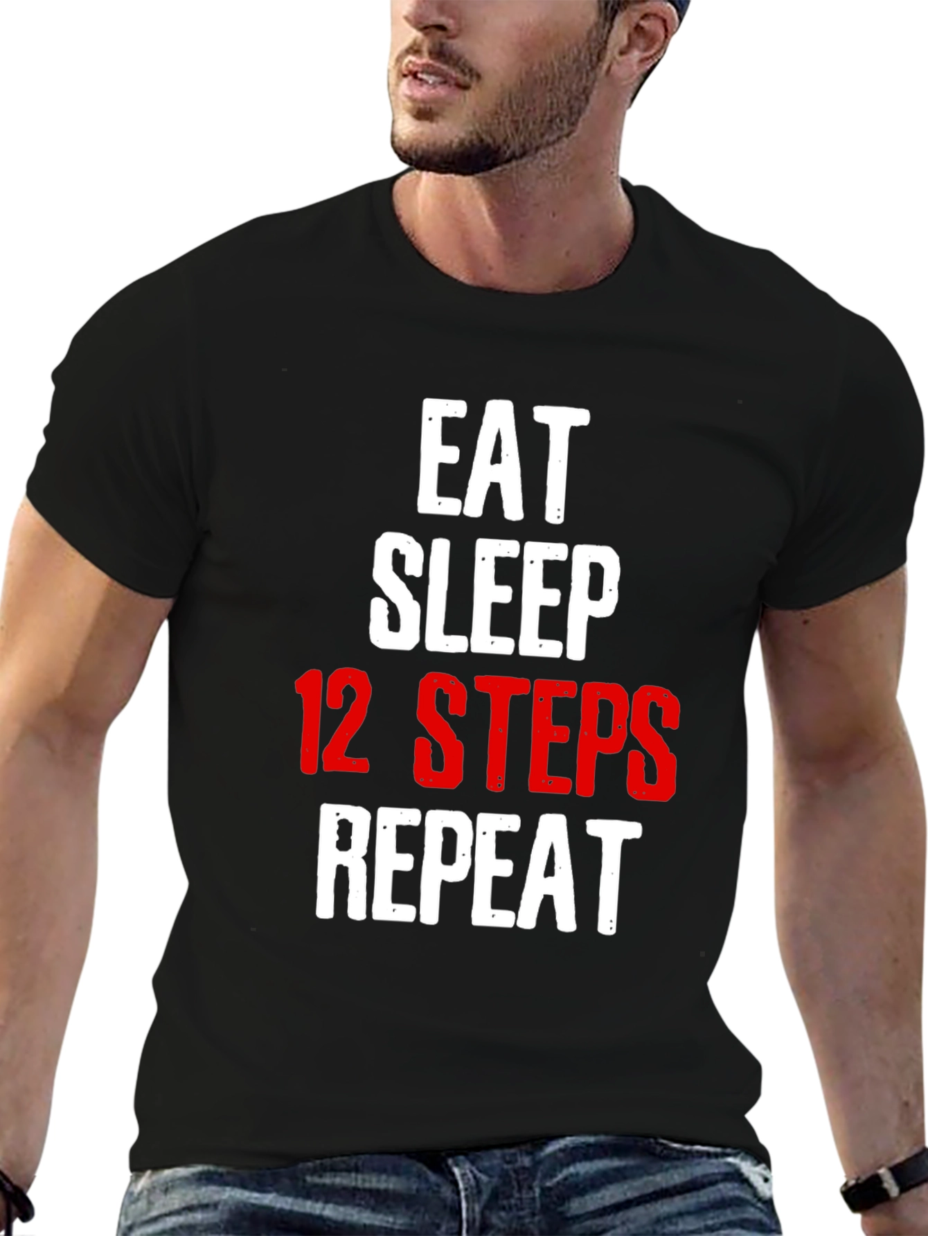 Black Eat Sleep 12 Steps Repeat Black T-Shirt view 6