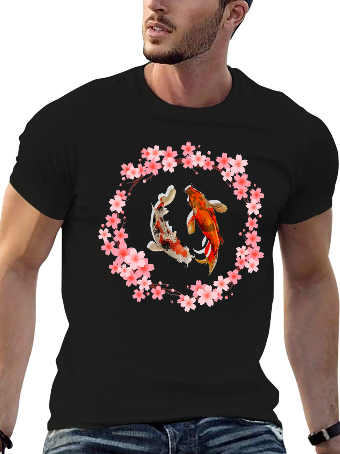 Black Koi Fish Cherry Blossom Graphic T-Shirt view 6