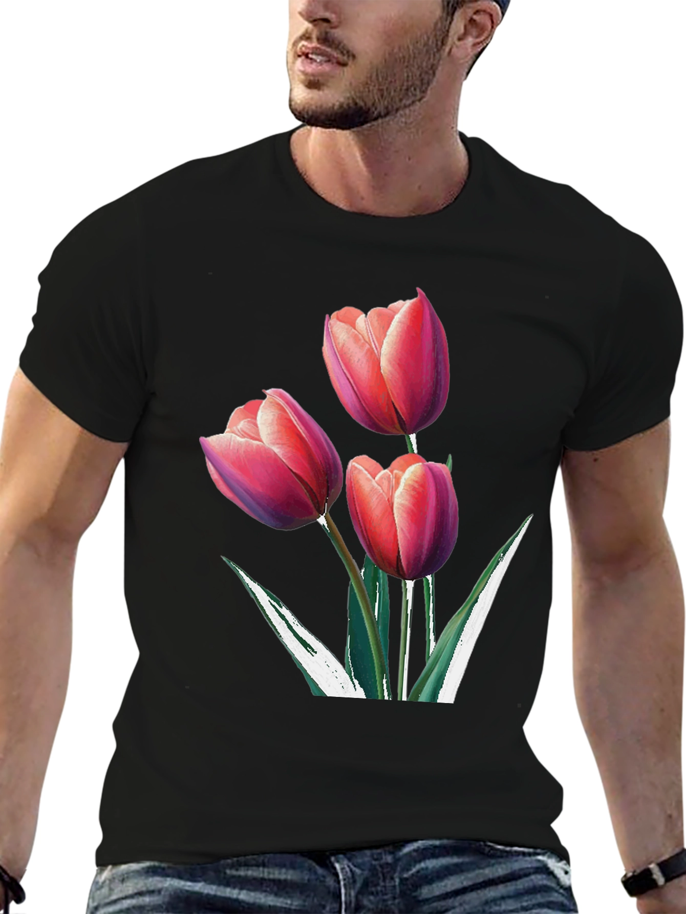 Black Floral Tulip Graphic Black Tee view 6