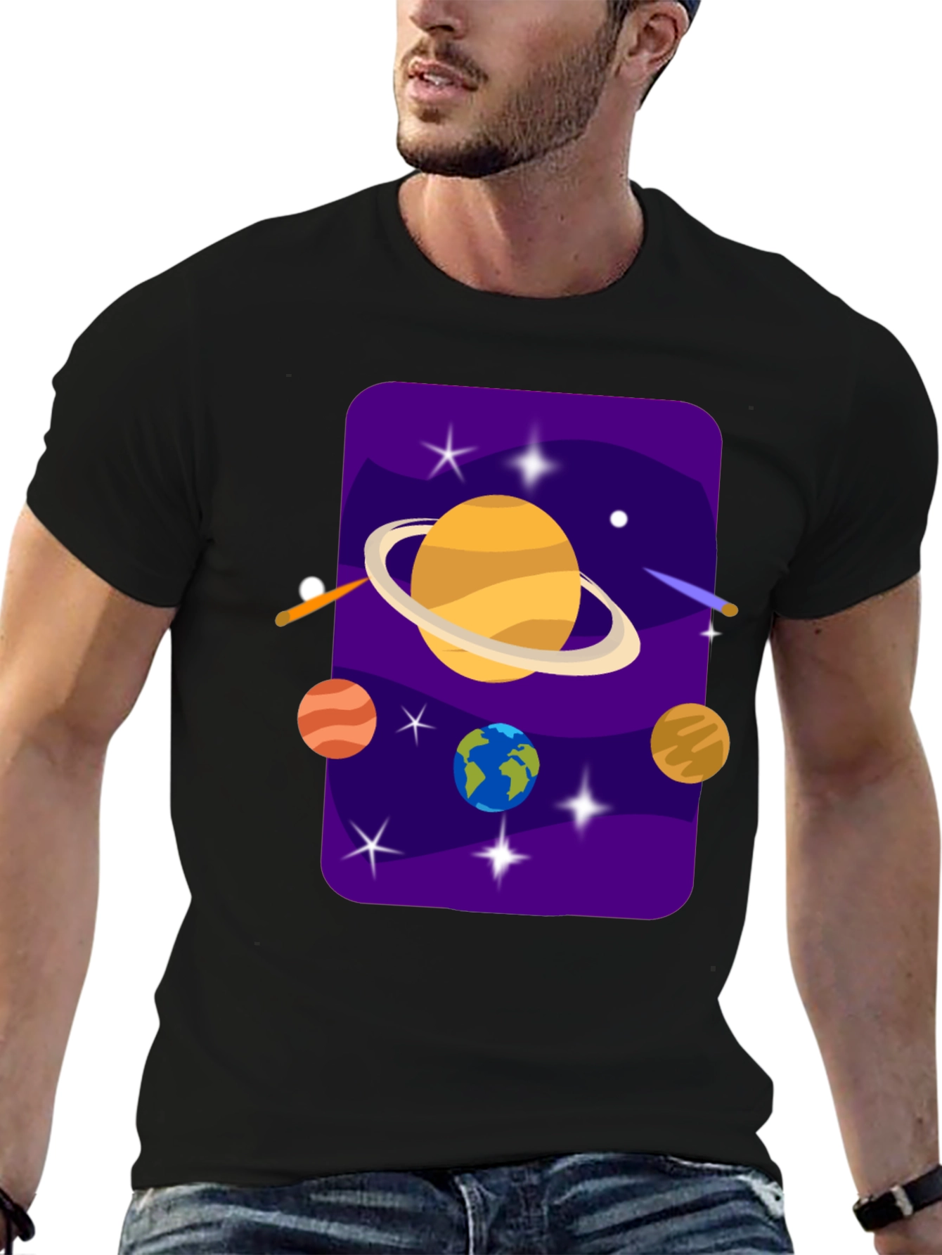 Black Space Galaxy T-Shirt - Planets and Stars Design view 6