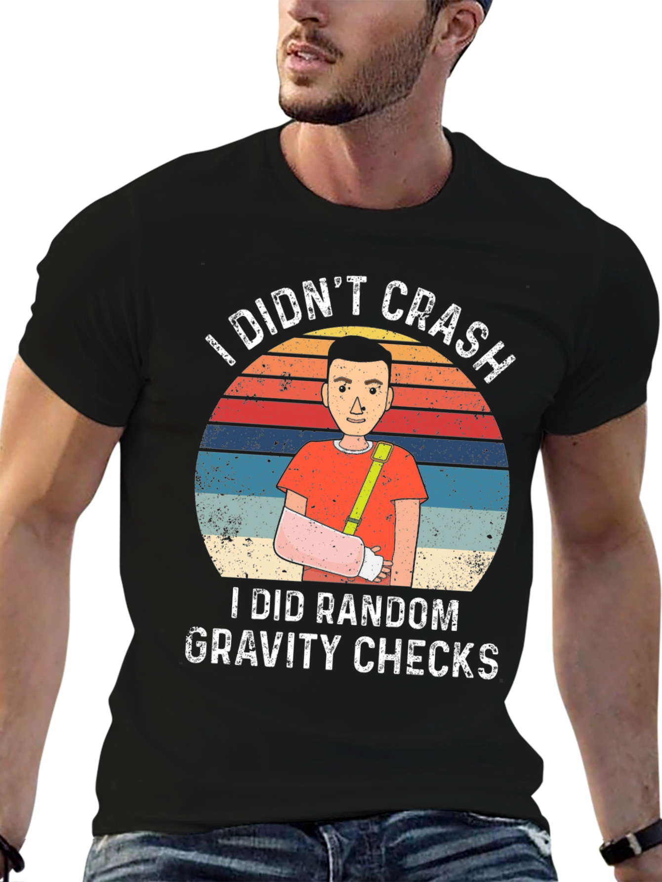 Black Funny Broken Arm Gravity Check T-Shirt view 6