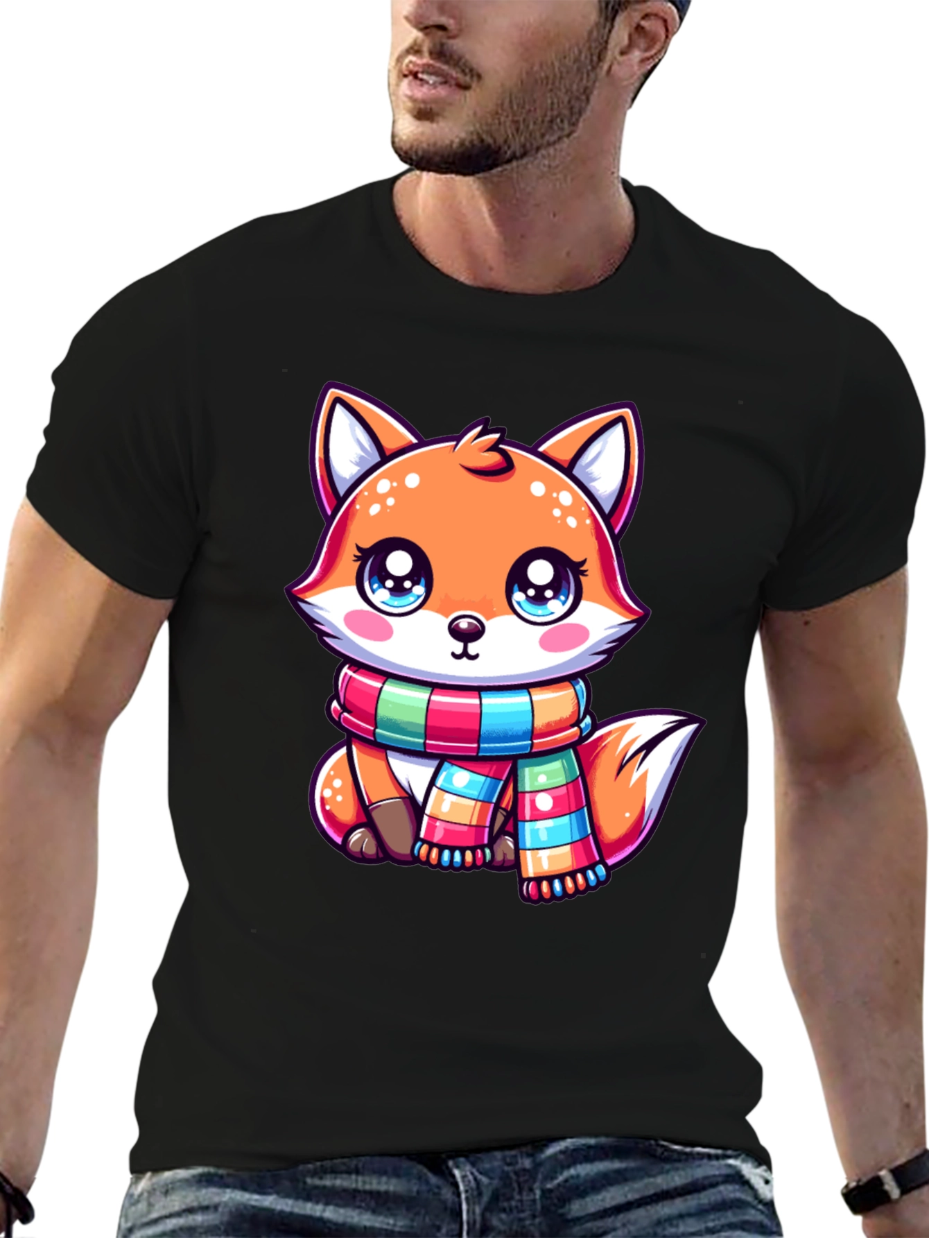 Black Cute Fox Scarf Graphic Tee view 6