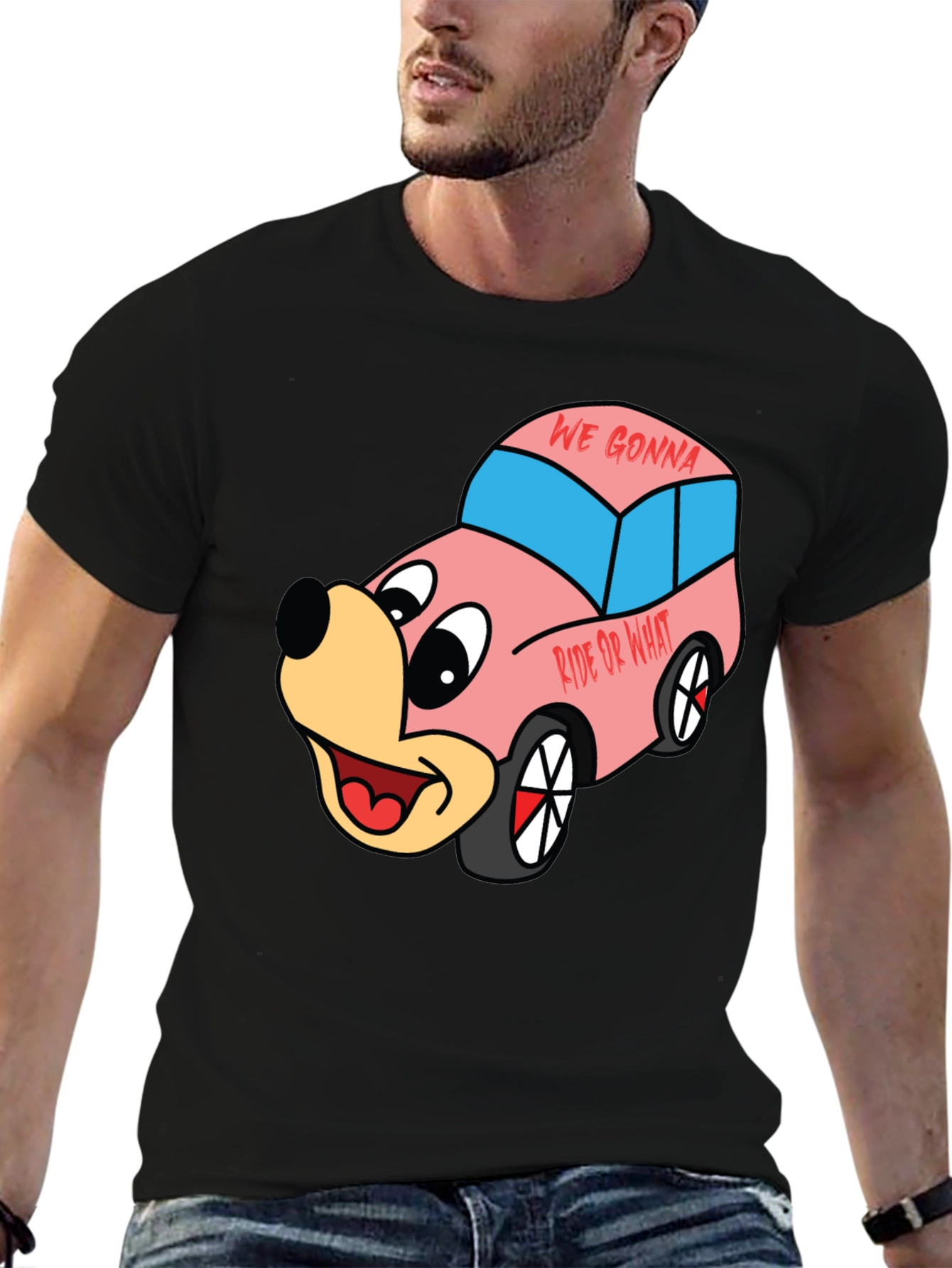 Black Cartoon Character Car Graphic T-Shirt view 6