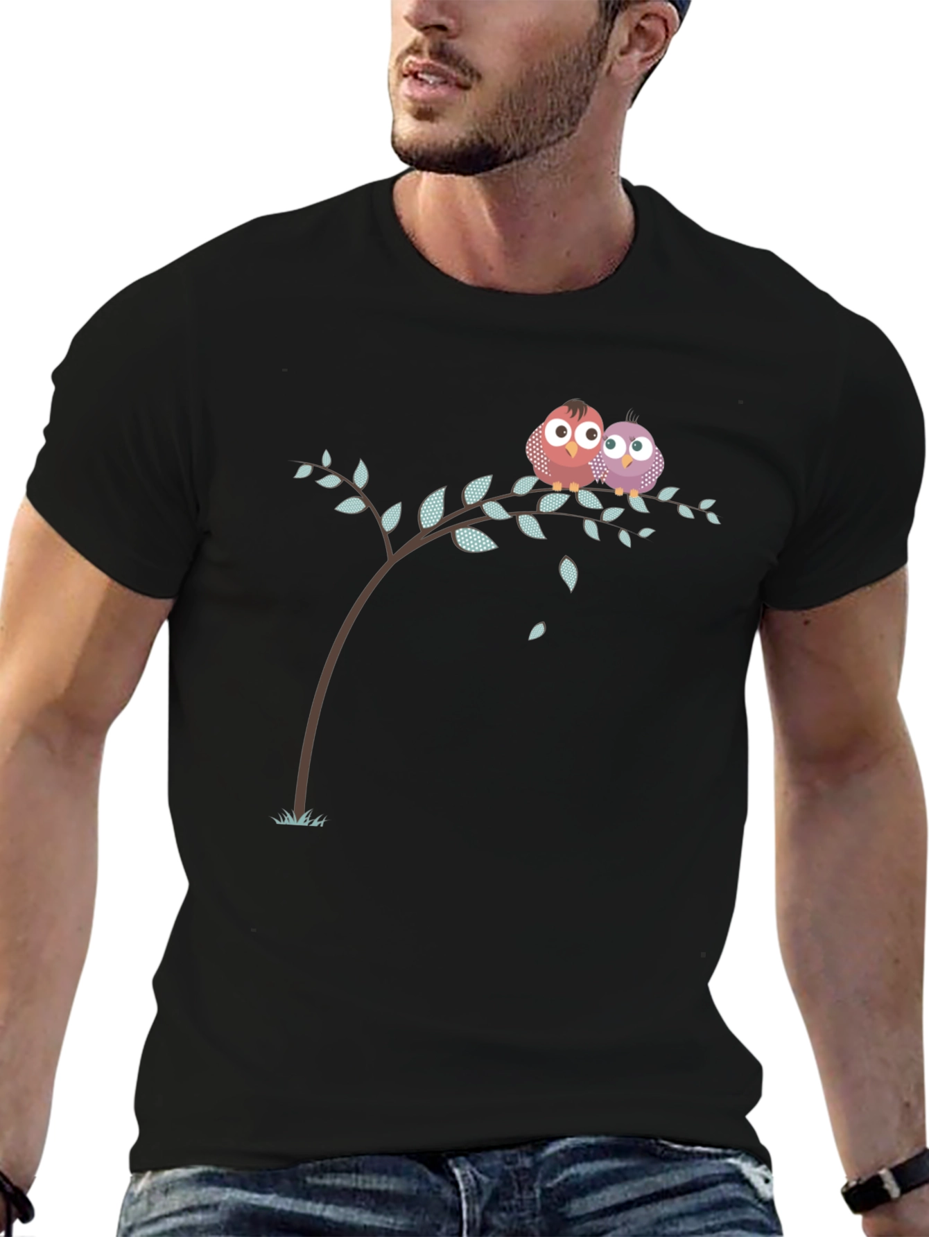 Black Cute Owl Couple on Branch Black T-Shirt view 6