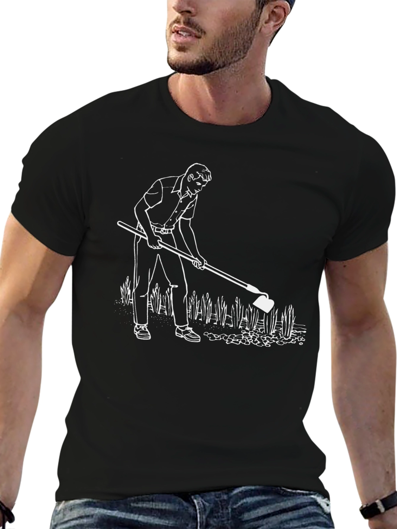 Black Men's Black T-Shirt with Gardening Graphic view 6