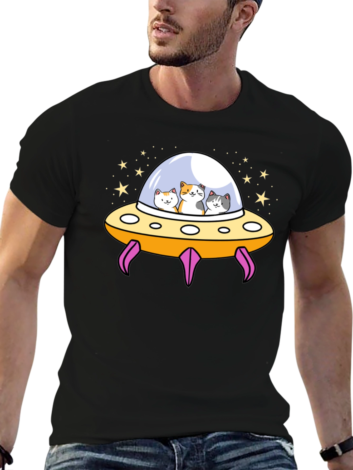 Black Cats in UFO T-Shirt - Black Graphic Tee view 6