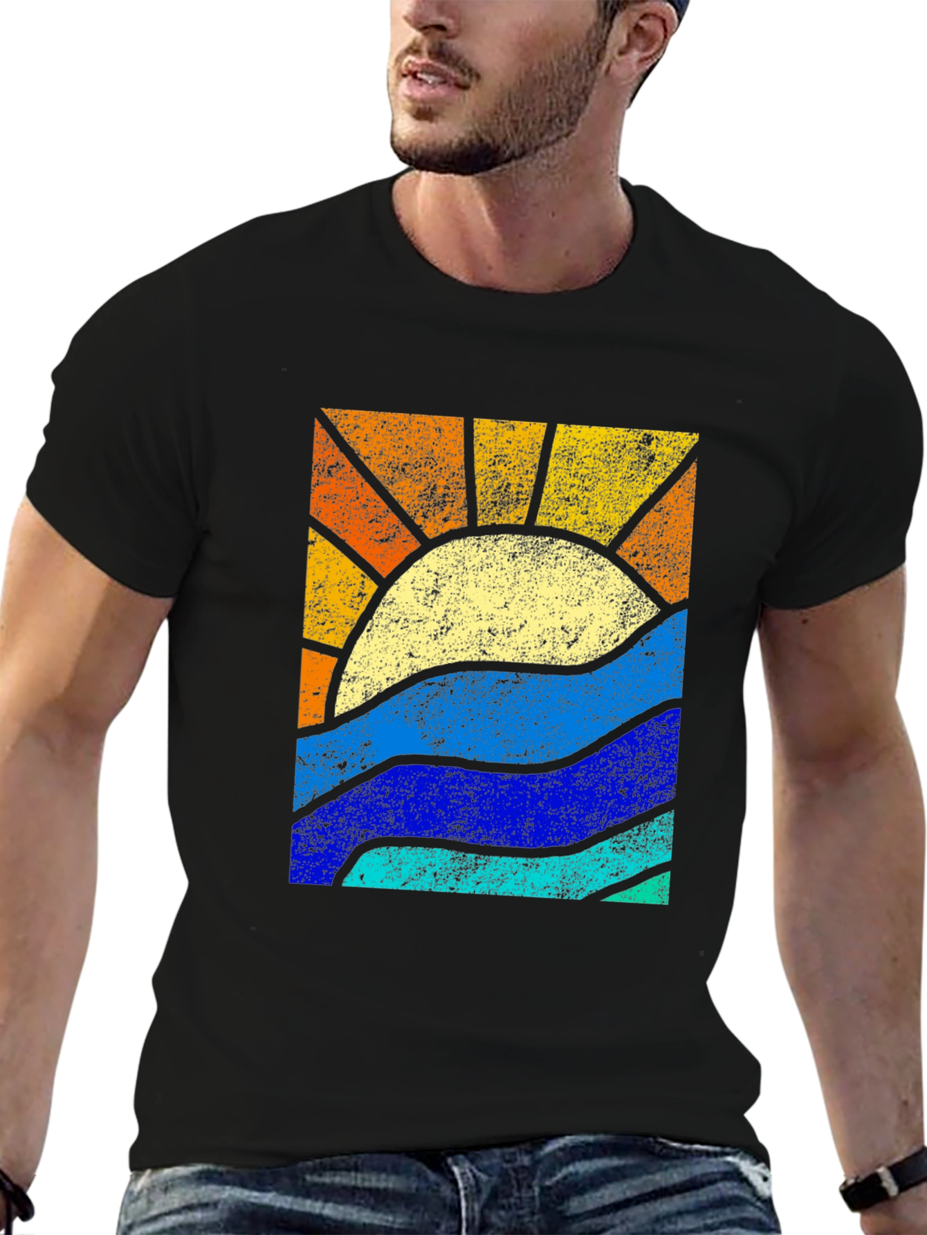 Black Retro Sunset & Waves Graphic Tee - Black view 6