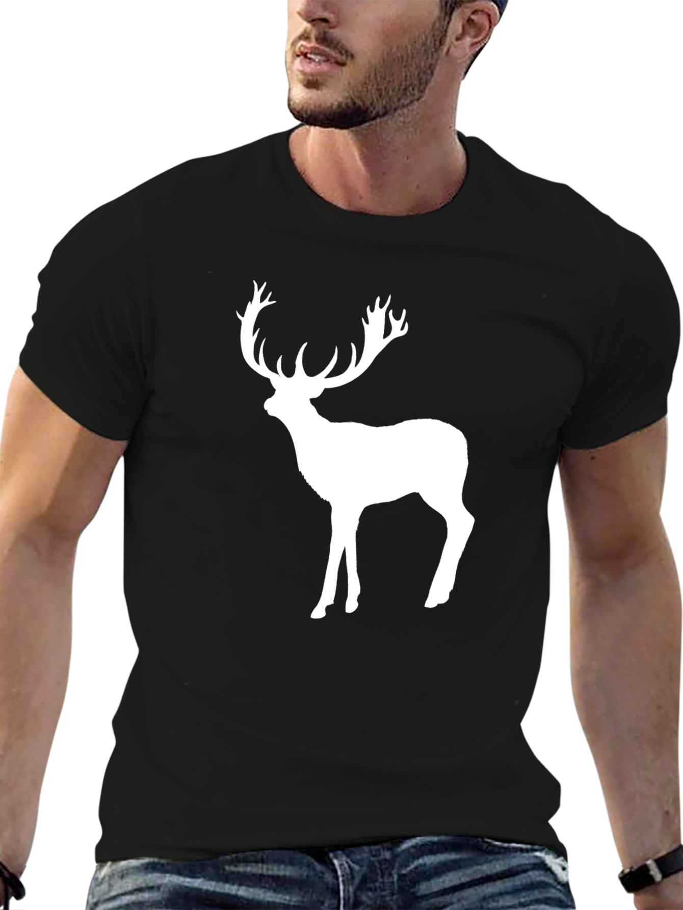 Black Men's Black T-Shirt with White Deer Graphic view 6