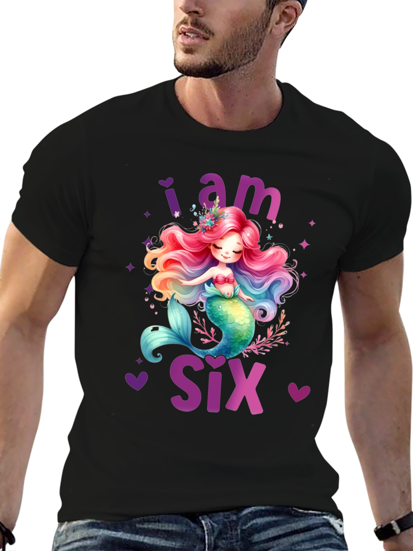 Black I am Six Mermaid Birthday T-Shirt view 6