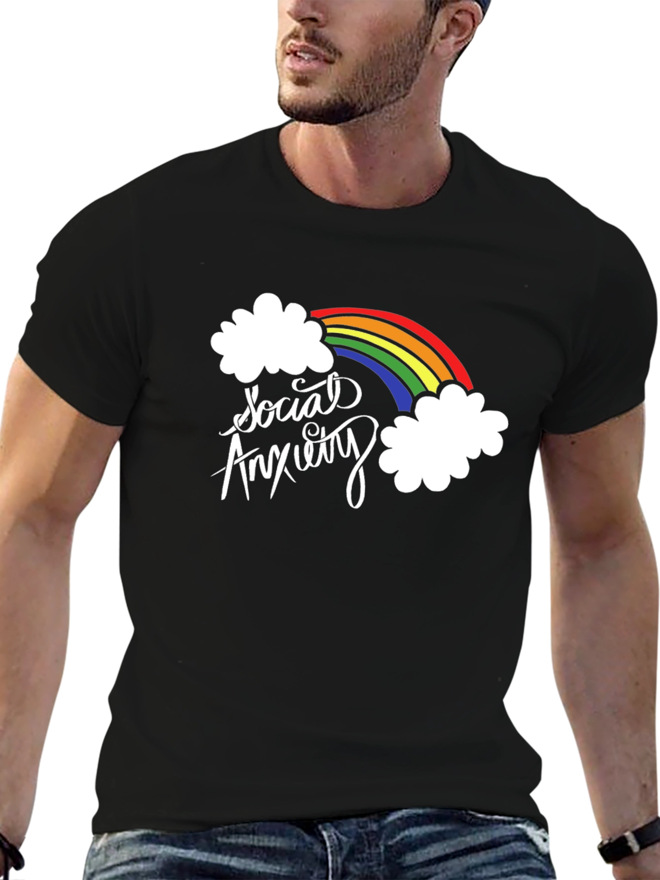 Black Social Anxiety Rainbow Graphic Black T-Shirt view 6