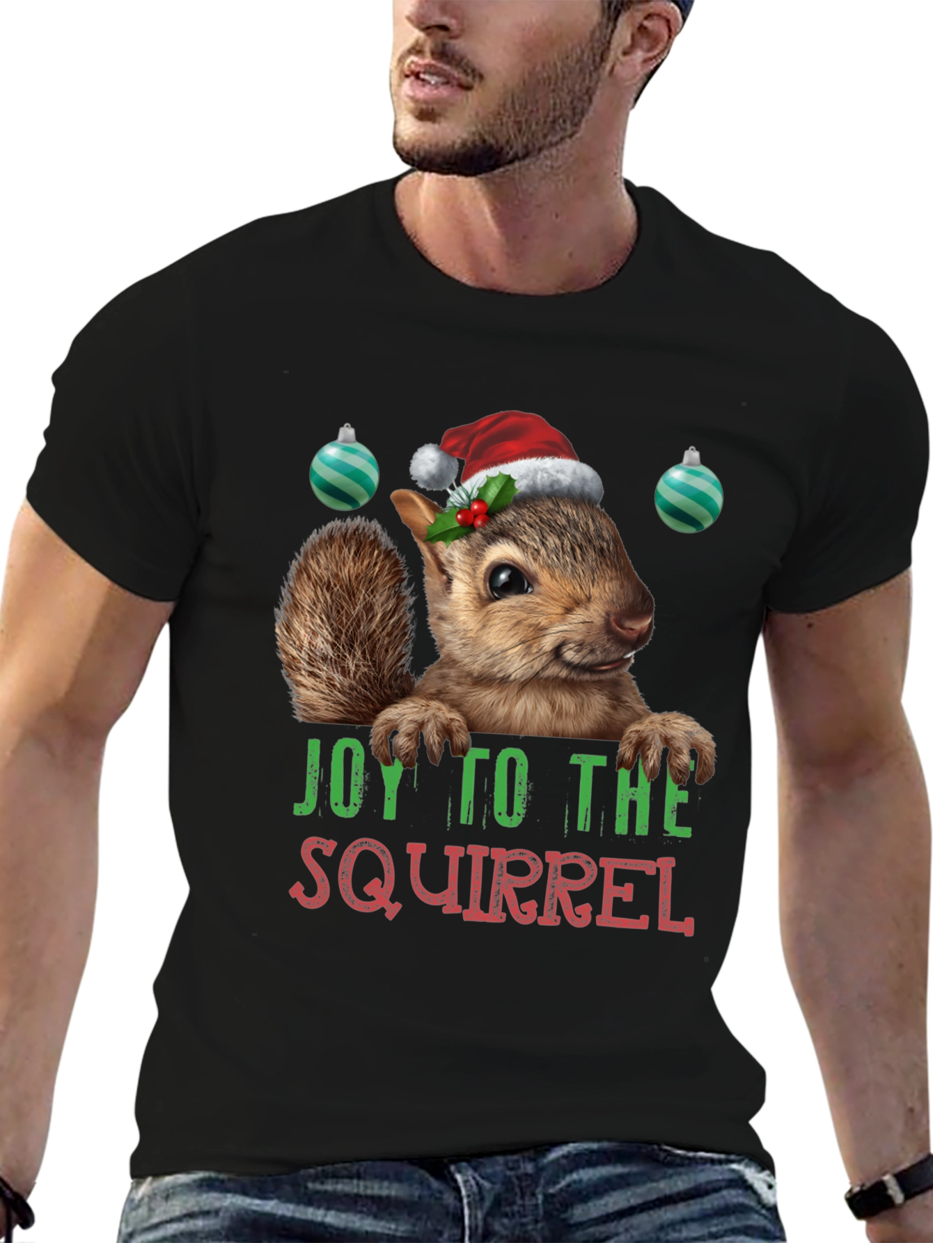 Black Festive Squirrel Graphic Tee - Holiday Joy T-Shirt view 6
