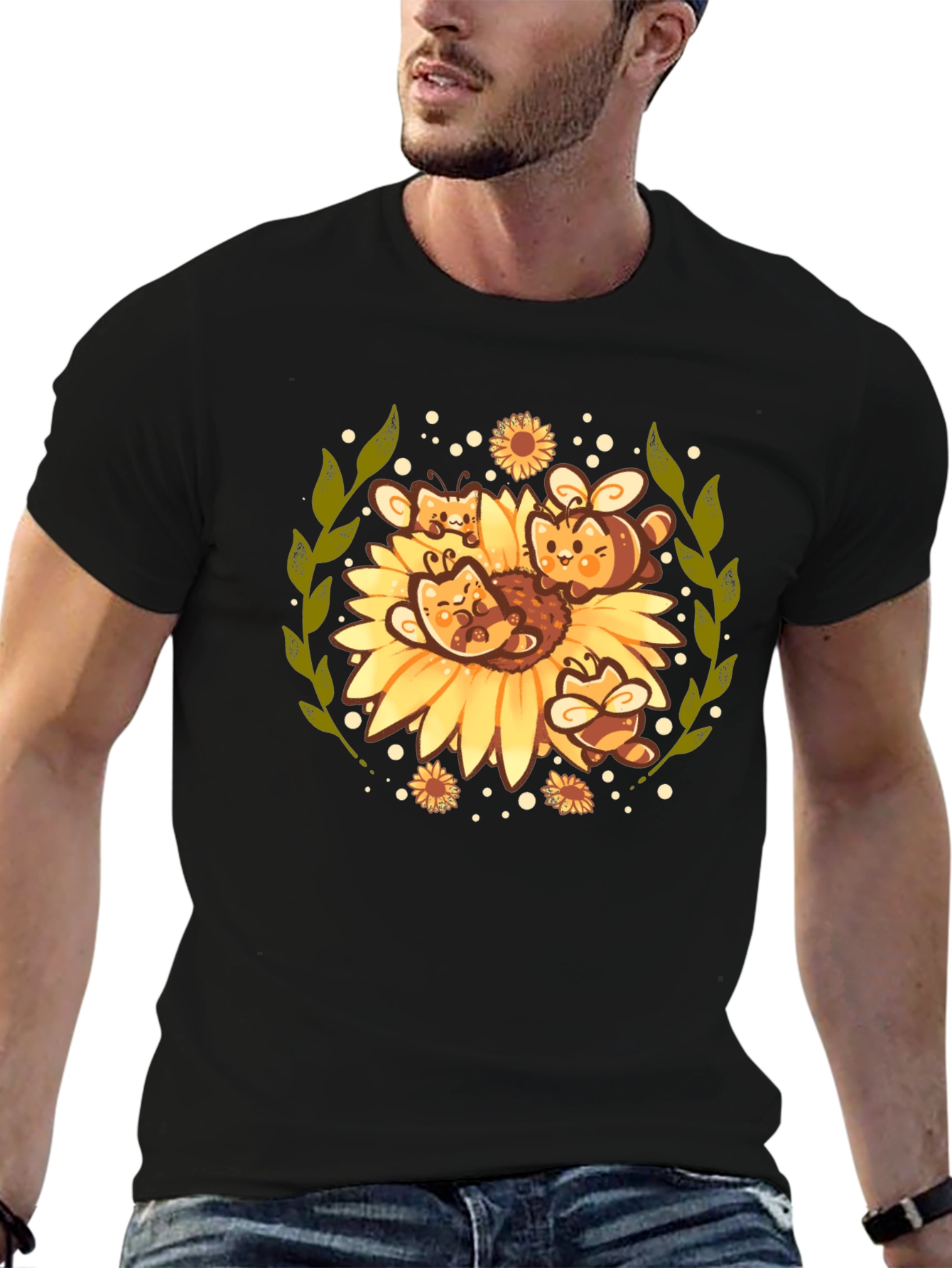 Black Cute Bee & Sunflower Graphic Tee view 6