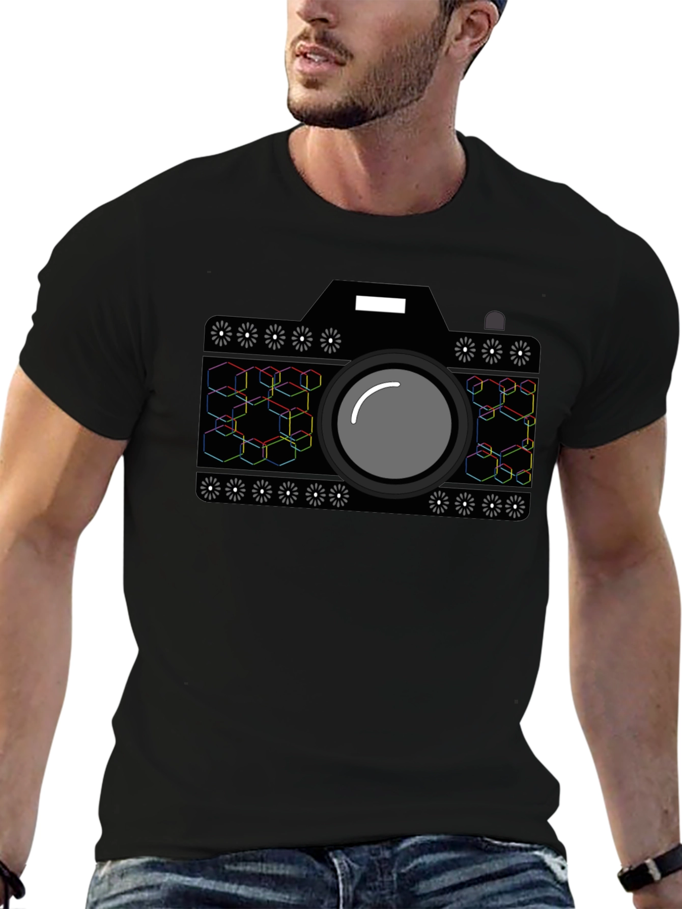 Black Geometric Camera Graphic T-Shirt - Black view 6