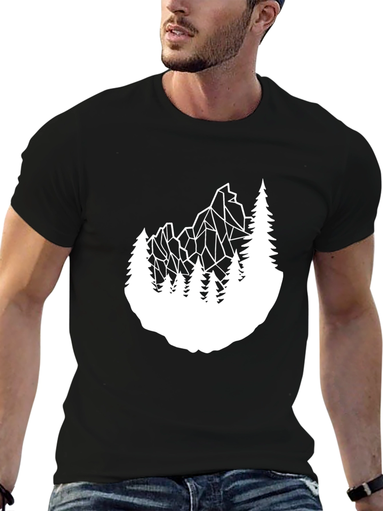 Black Geometric Mountain & Trees Graphic Tee - Black view 6