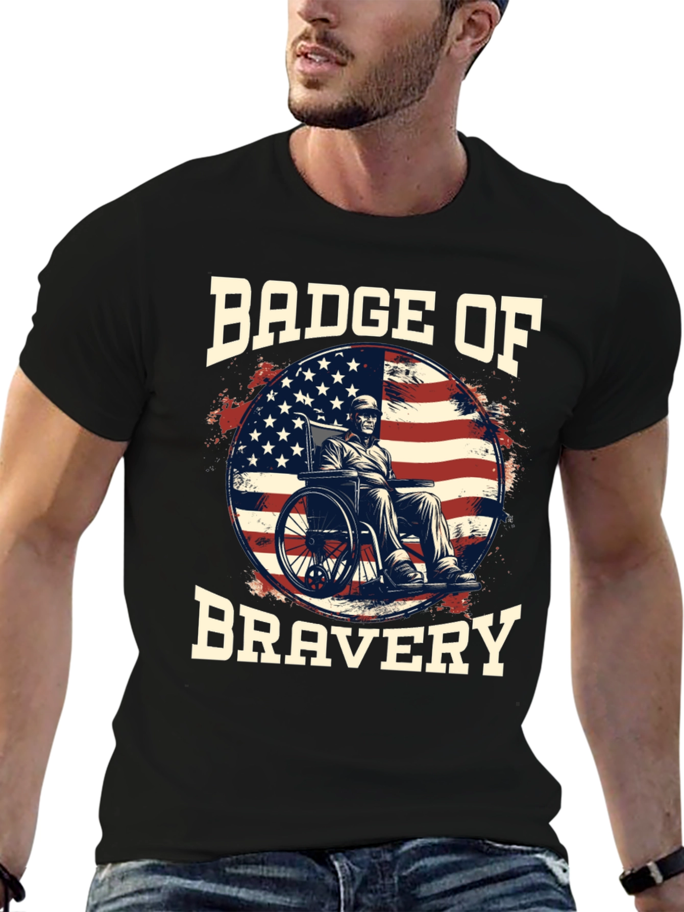 Black Badge of Bravery T-Shirt - Patriotic Veteran Design view 6