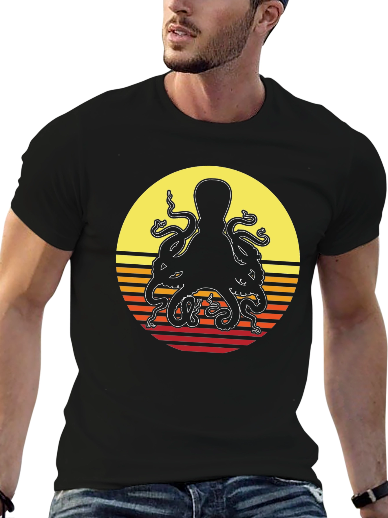 Black Retro Octopus Sunset Graphic T-Shirt view 6