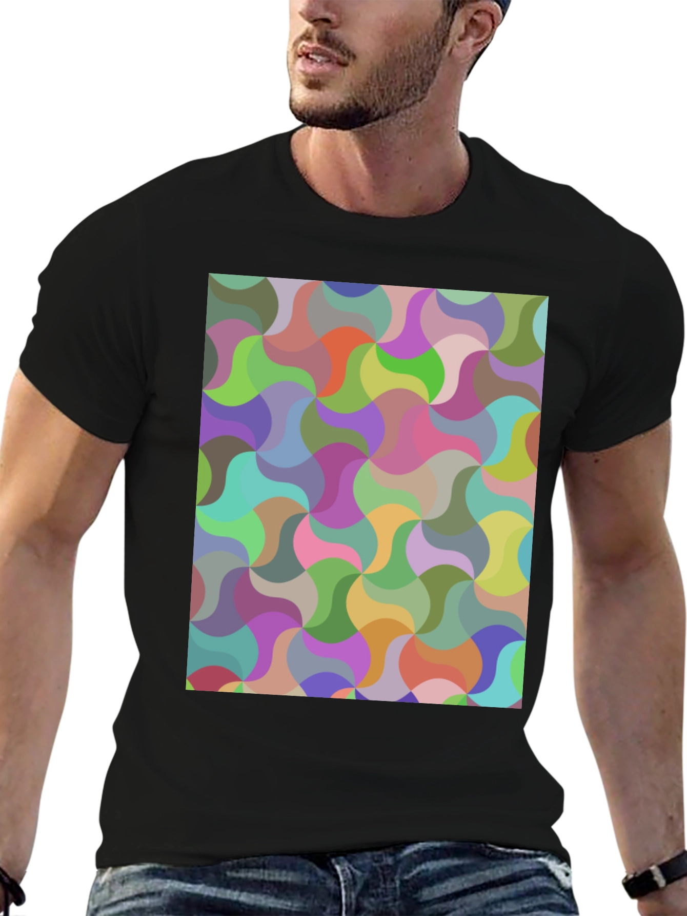 Black Abstract Geometric Pattern Crew Neck T-Shirt view 6