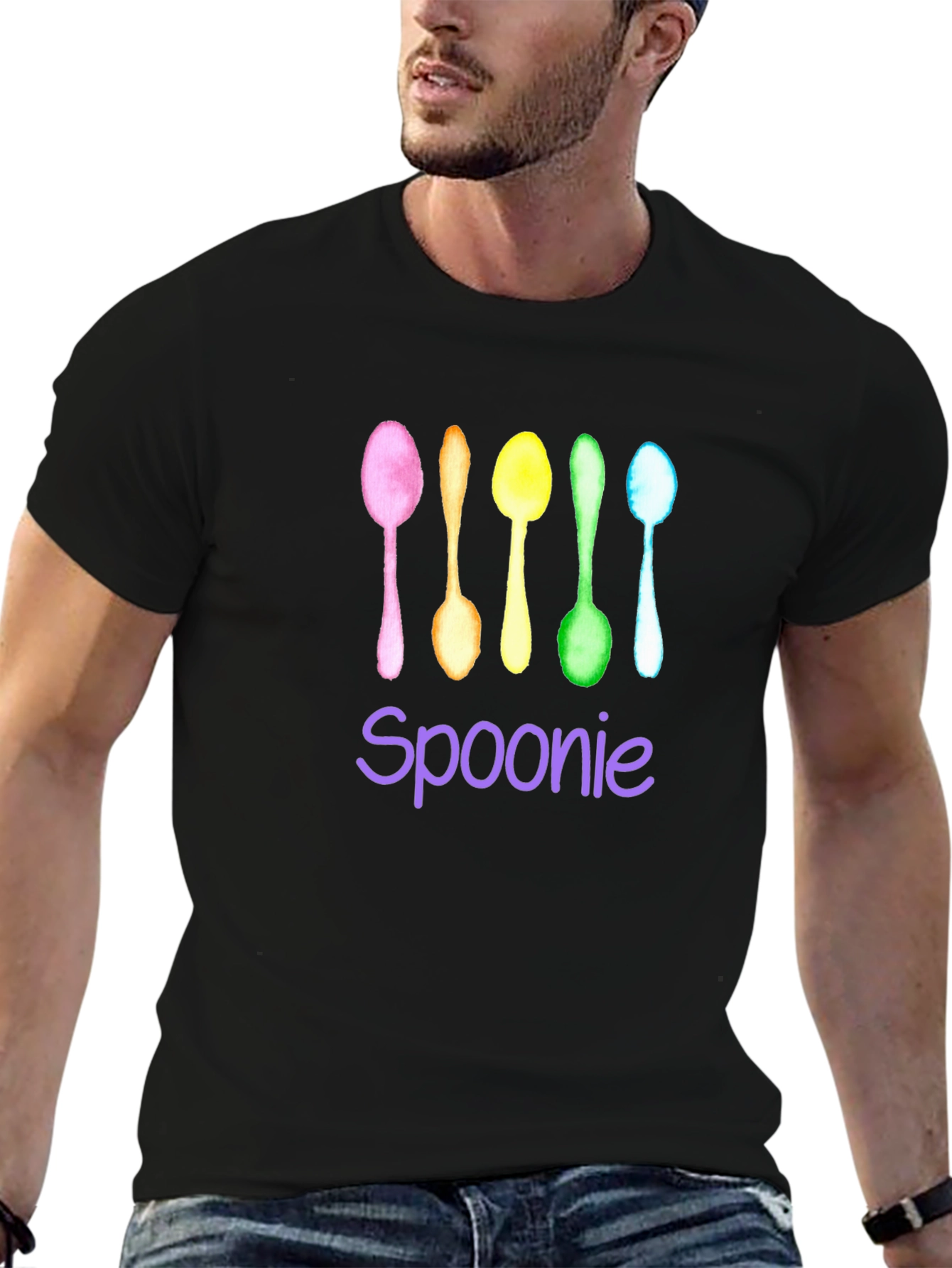 Black Spoonie T-Shirt - Colorful Watercolor Spoons view 6