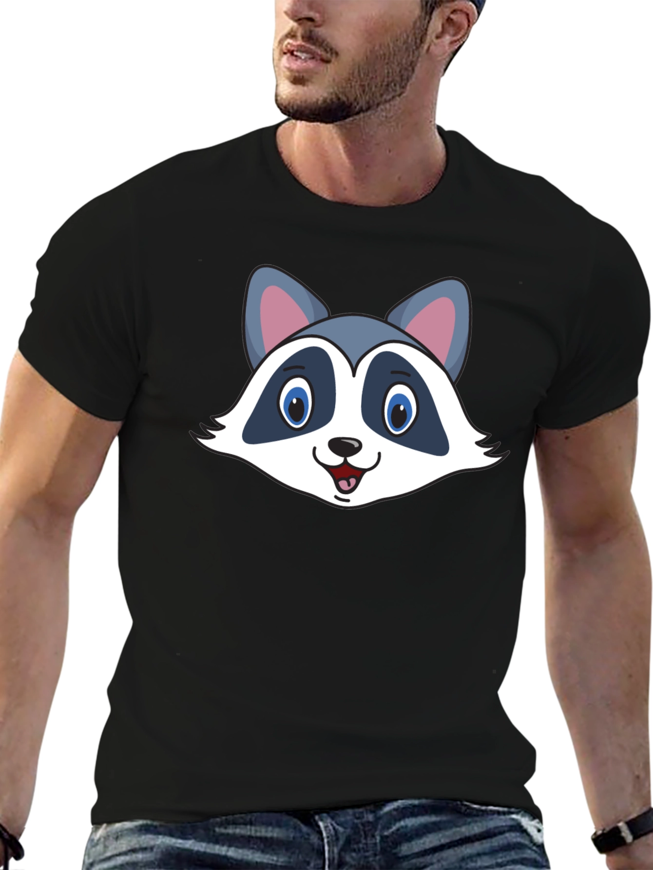 Black Cute Raccoon Graphic Black T-Shirt view 6