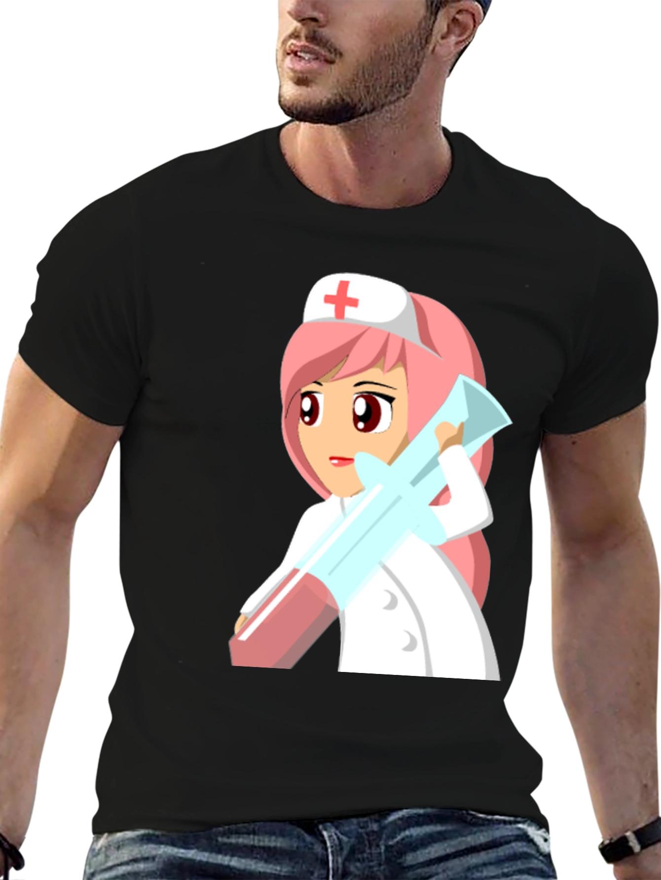 Black Cartoon Nurse Graphic Tee - Unisex Black T-Shirt view 6