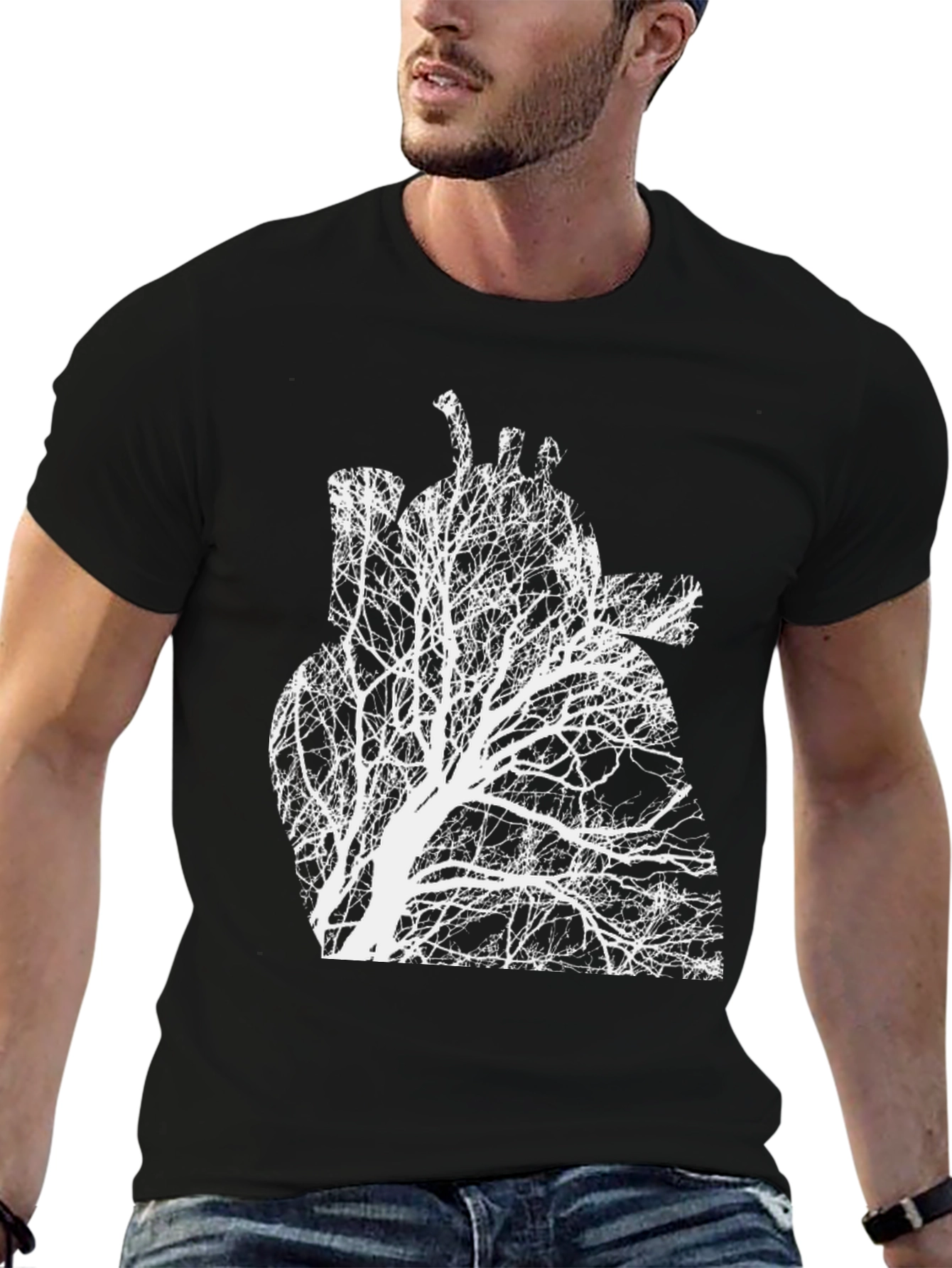 Black Arboreal Heart Tee - Black Graphic Print Crew Neck T-Shirt view 6