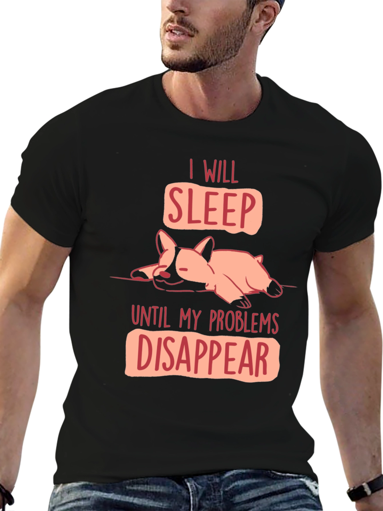 Black Funny Dog Sleep T-Shirt - Problems Disappear Tee view 6