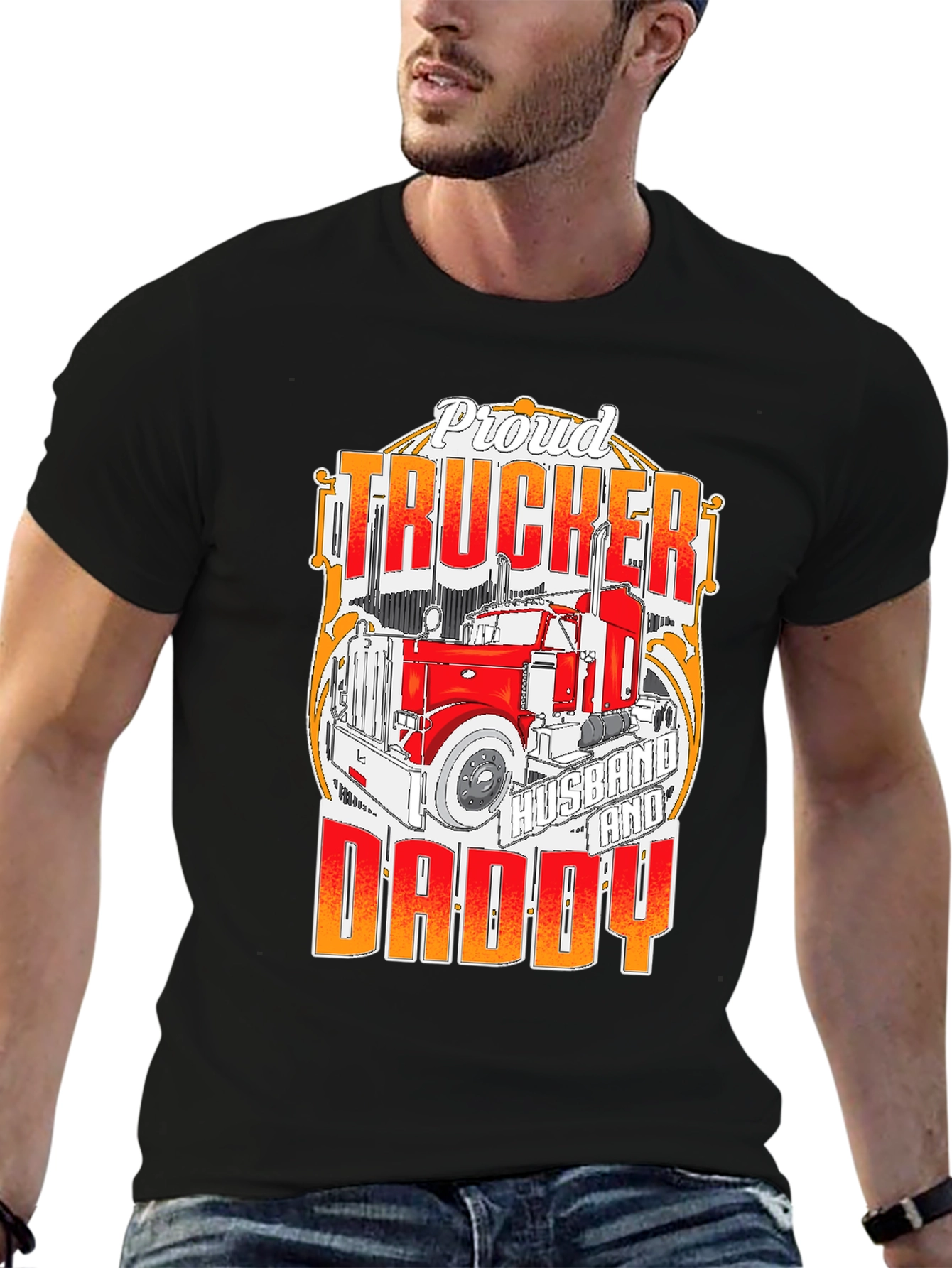 Black Proud Trucker Husband and Daddy T-Shirt view 6