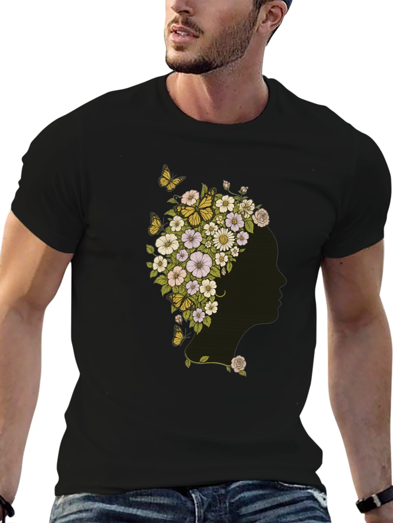 Black Floral Woman Graphic Tee - Black Cotton T-Shirt view 6