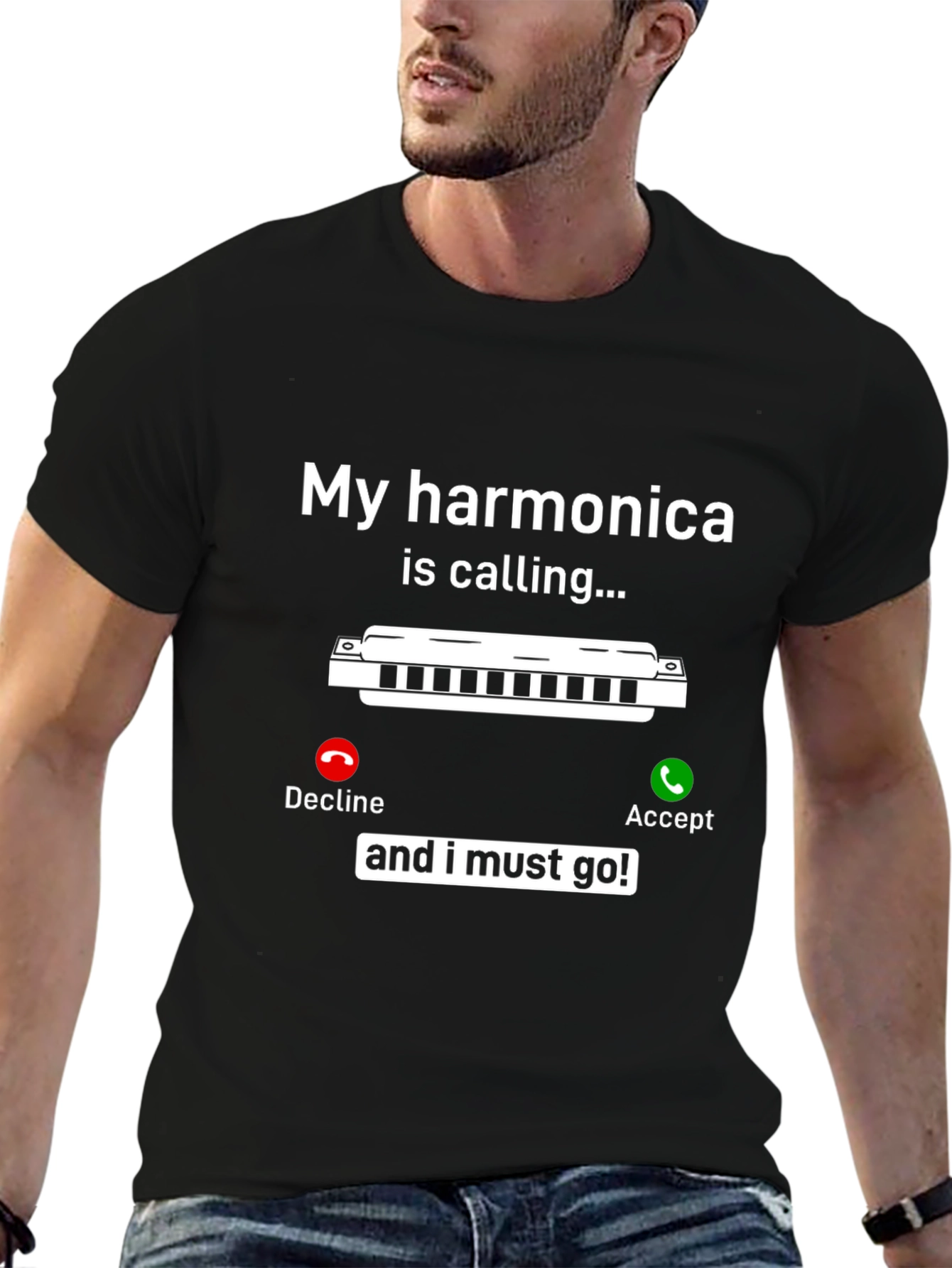 Black Harmonica Calling T-Shirt - Music Lover Tee view 6