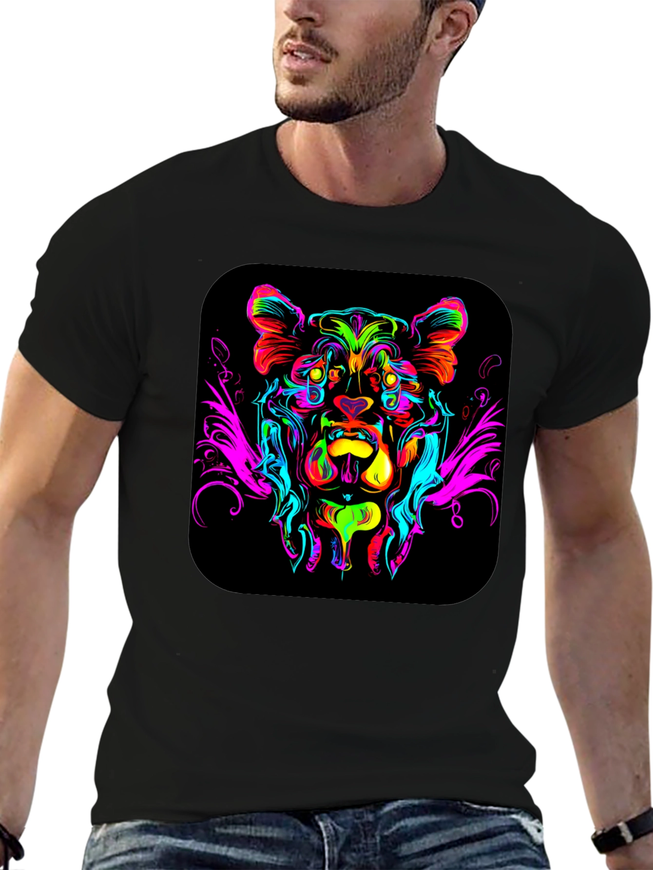 Black Vivid Lion Graphic Black T-Shirt view 6