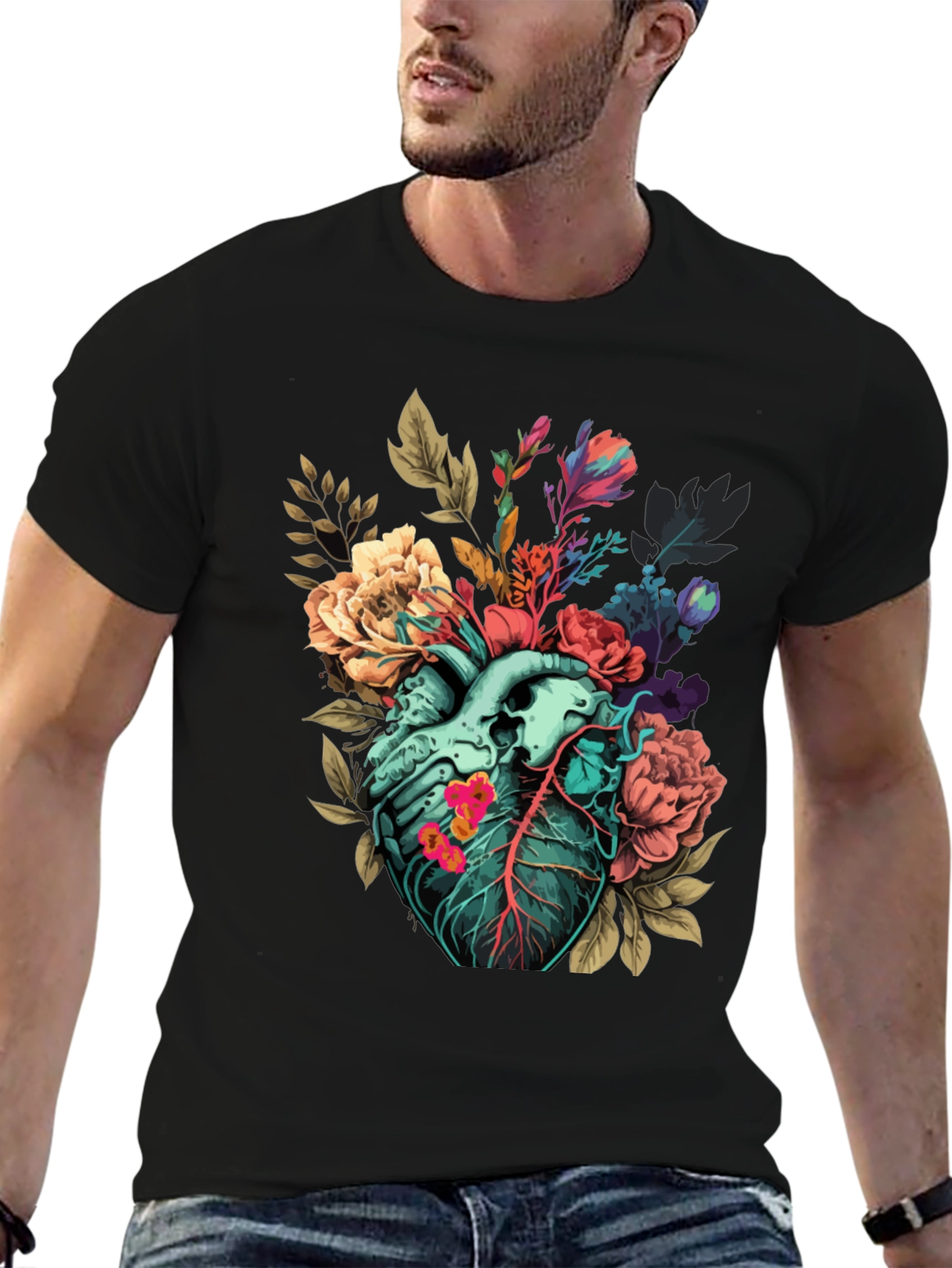 Black Floral Heart Print T-Shirt - Unique Anatomical Art view 6