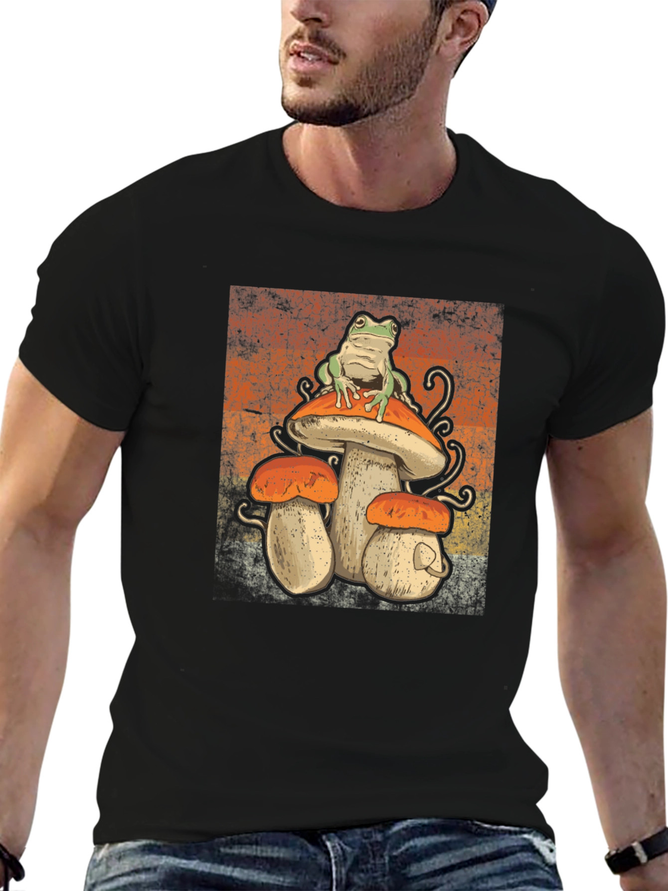 Black Retro Frog on Mushroom T-Shirt - Vintage Style view 6