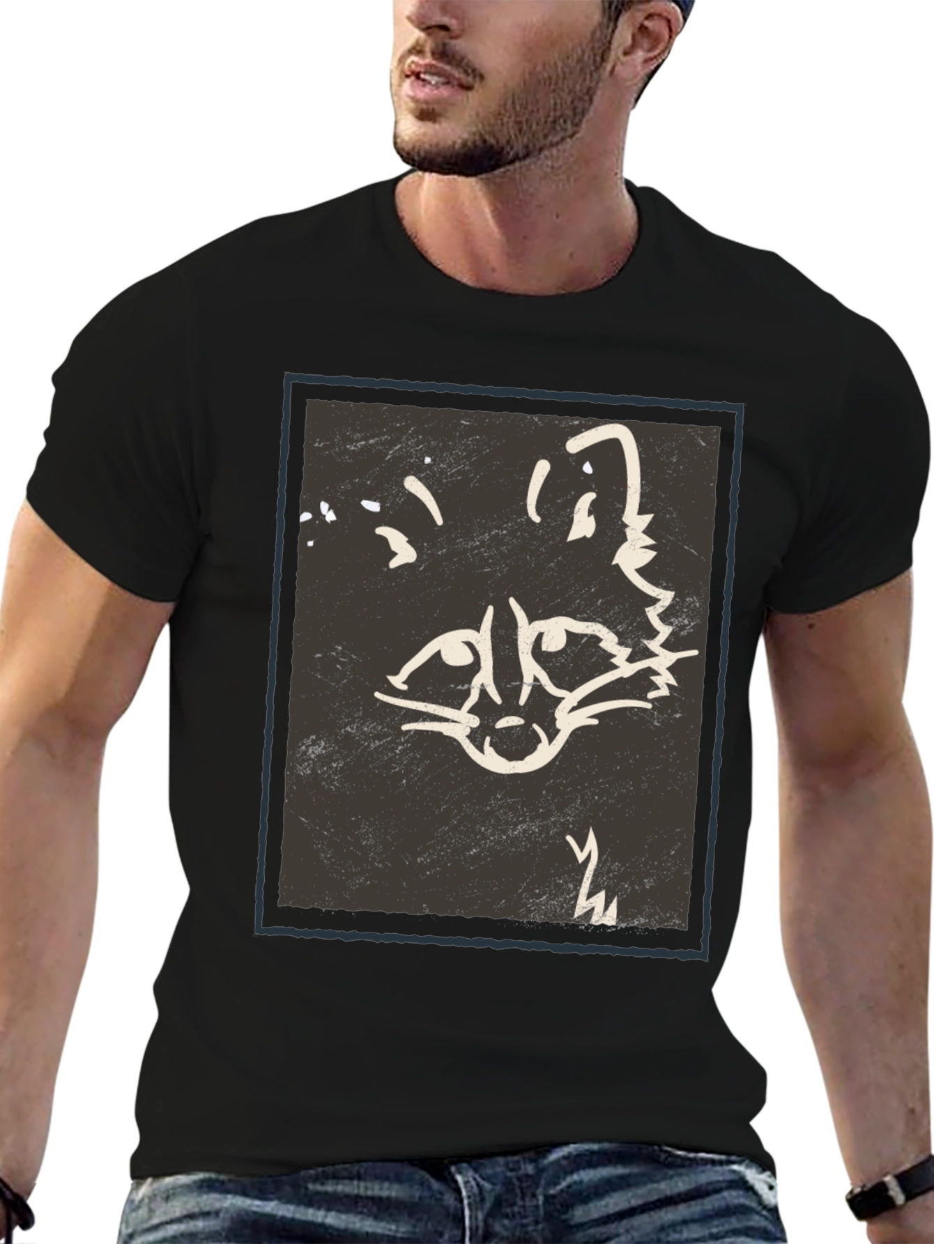 Black Abstract Raccoon Graphic Print Black T-Shirt view 6