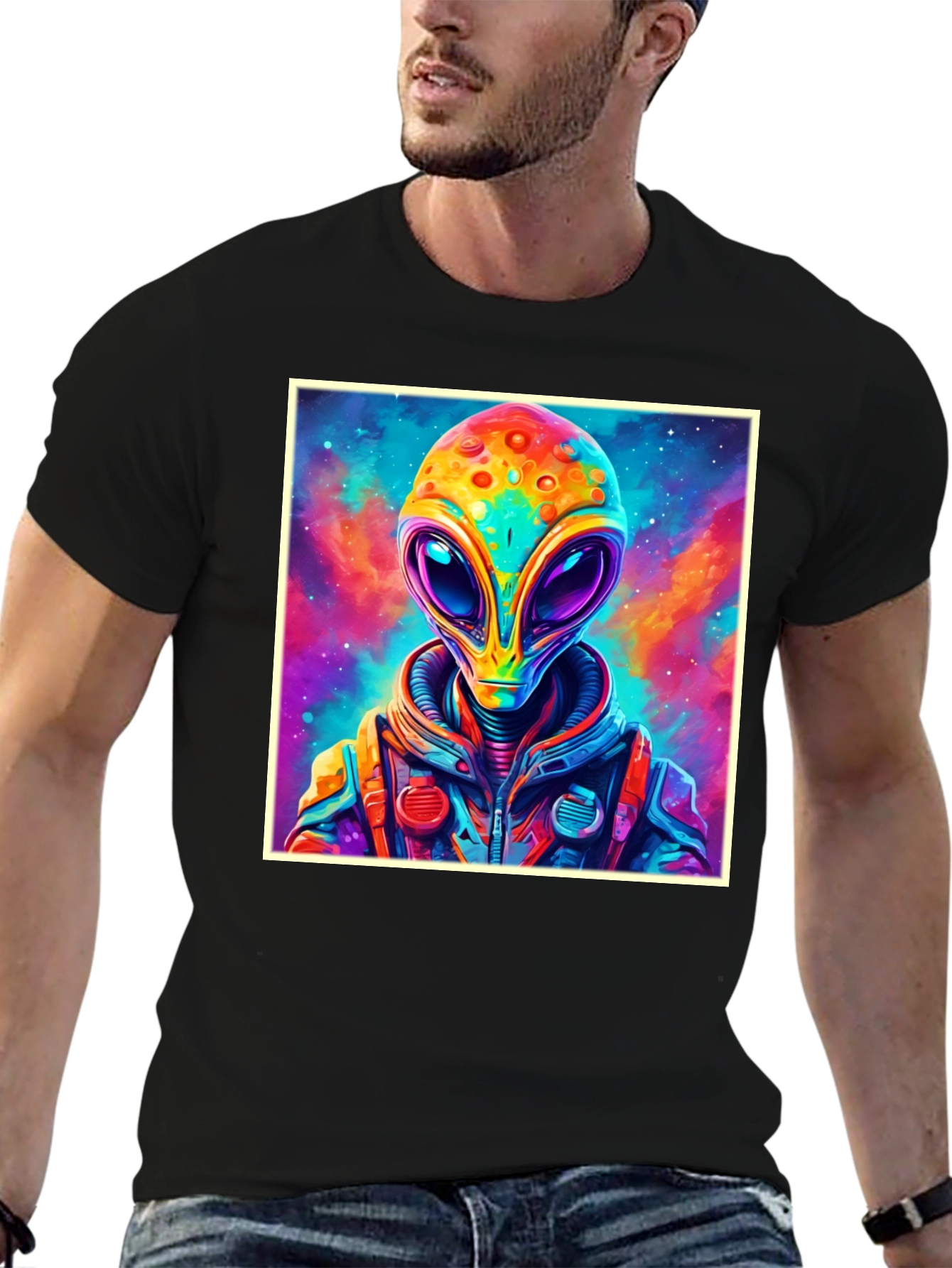 Black Colorful Alien Graphic Tee - Black Cotton T-Shirt view 6