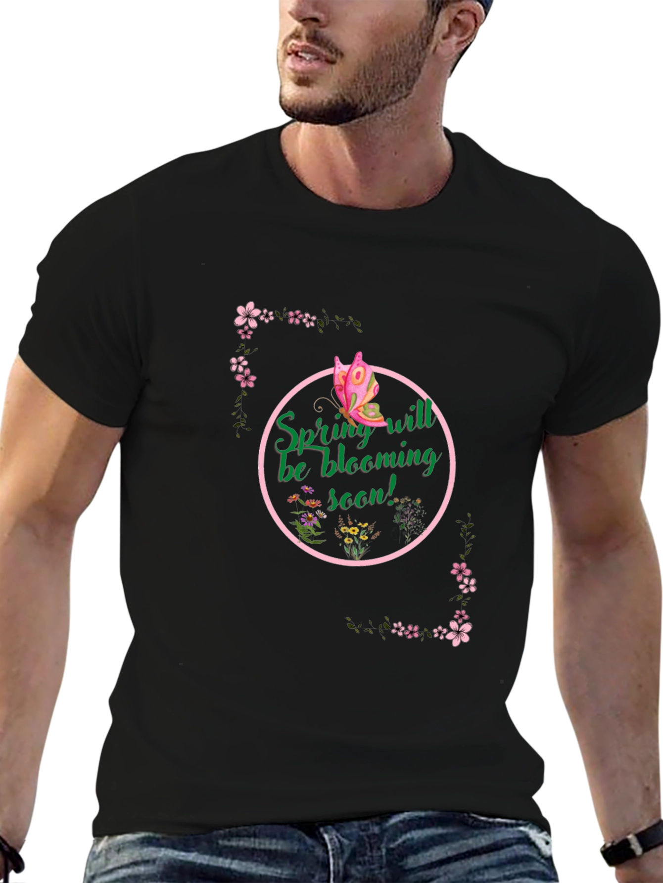 Black Spring Bloom T-Shirt - Butterfly & Floral Design view 6