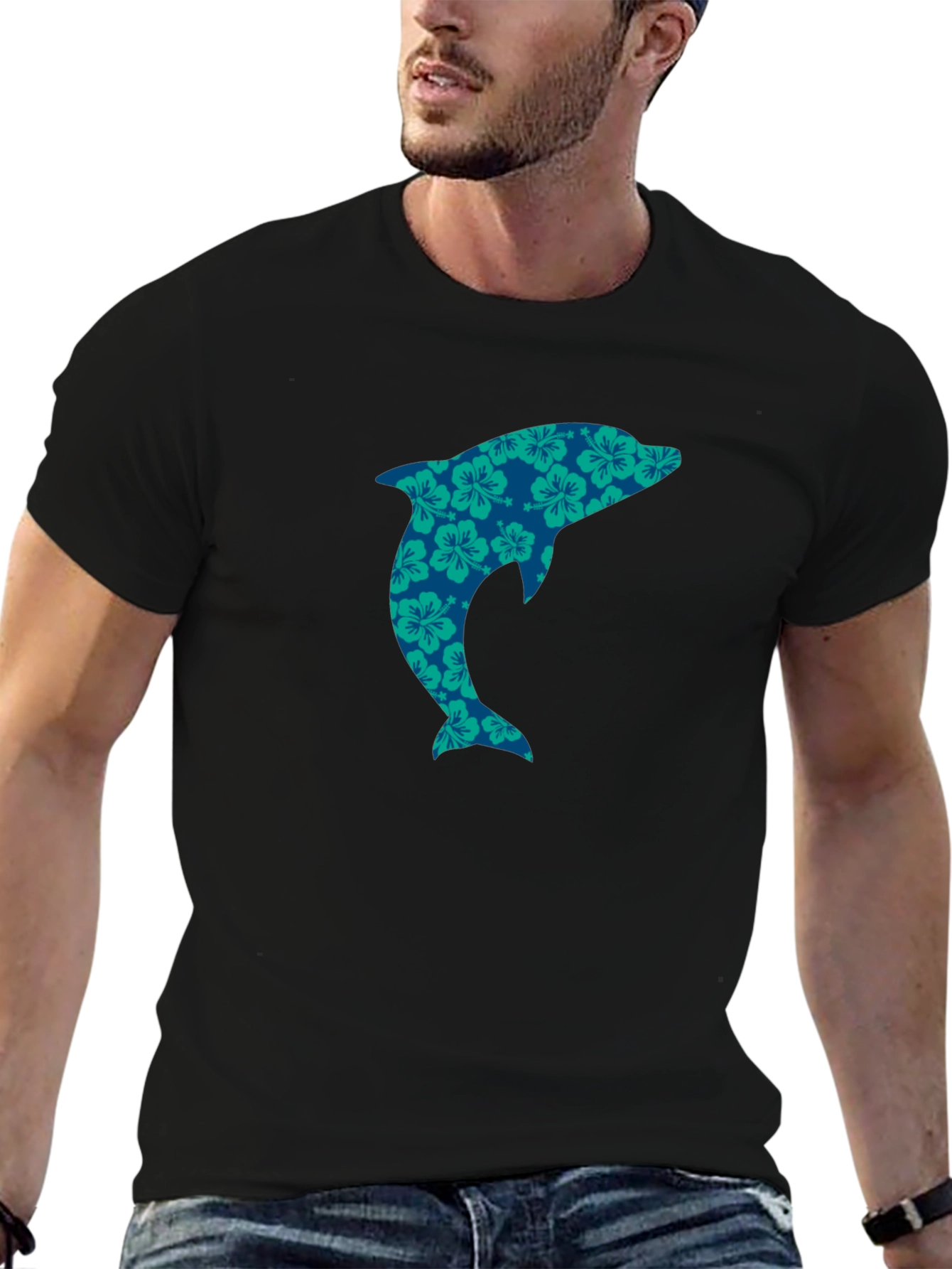 Black Floral Dolphin Graphic T-Shirt -  Casual Cotton Tee view 6
