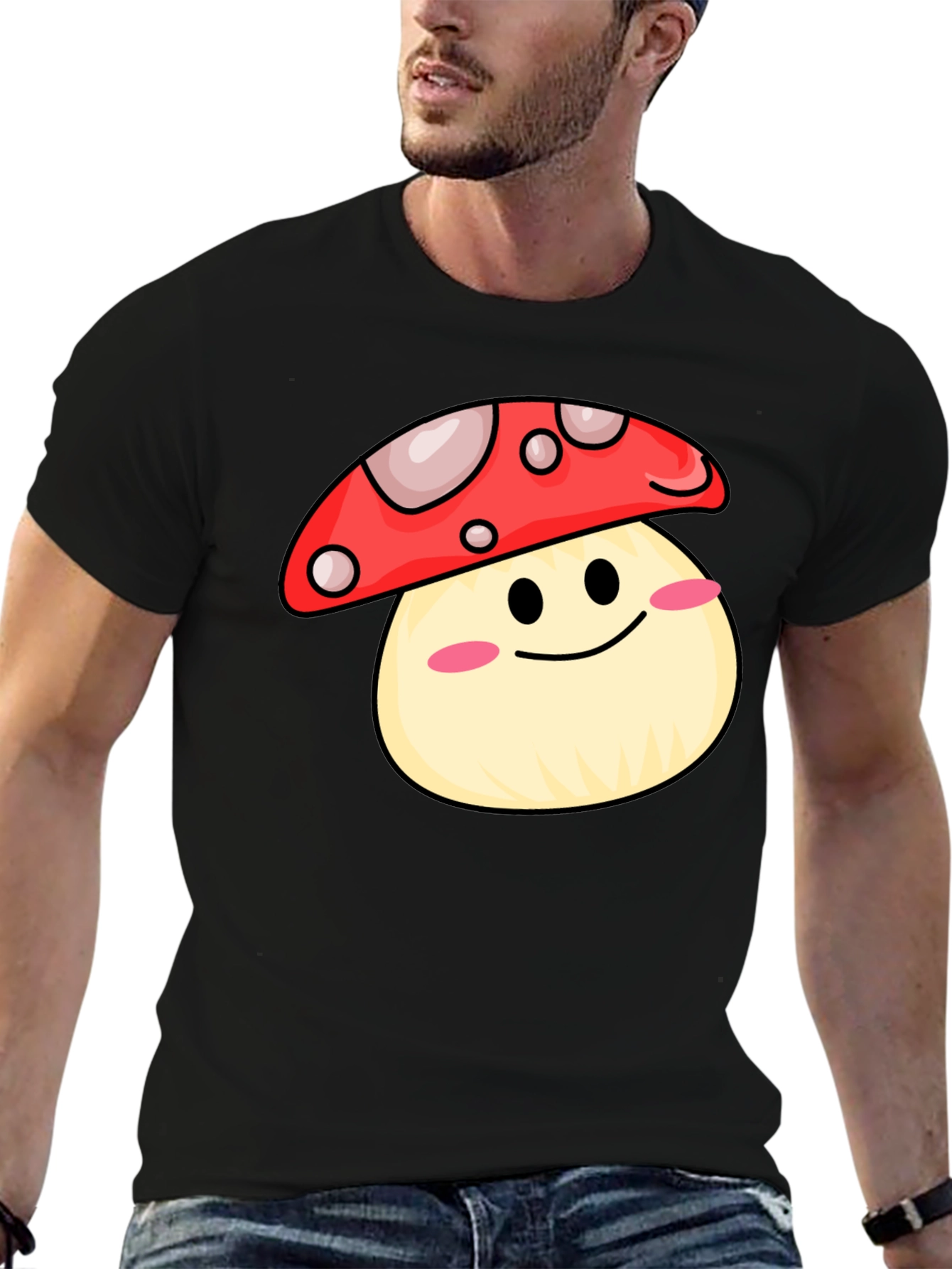 Black Cute Mushroom Graphic Tee - Black Cotton Shirt view 6