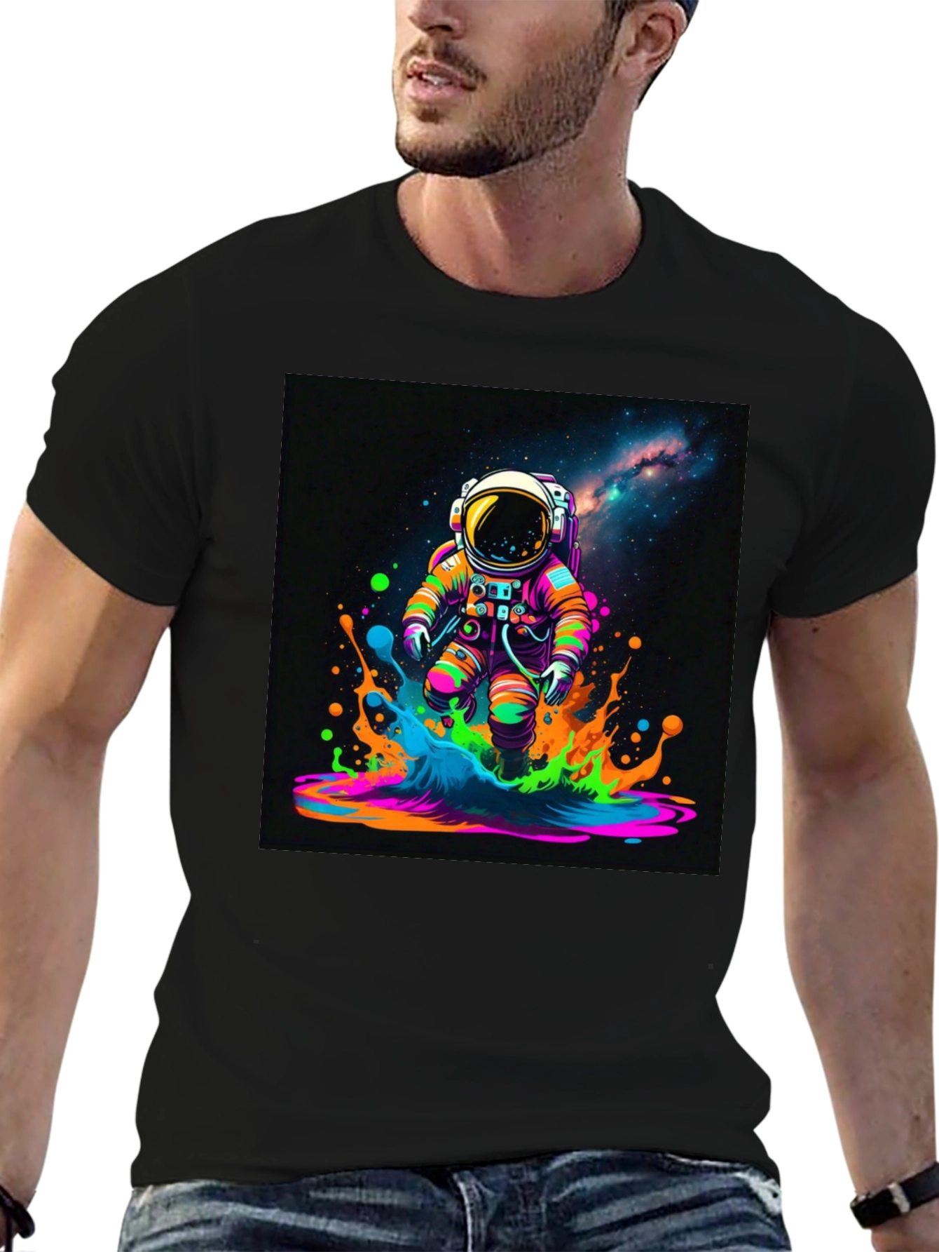 Black Astronaut Galaxy T-Shirt - Colorful Space Design view 6