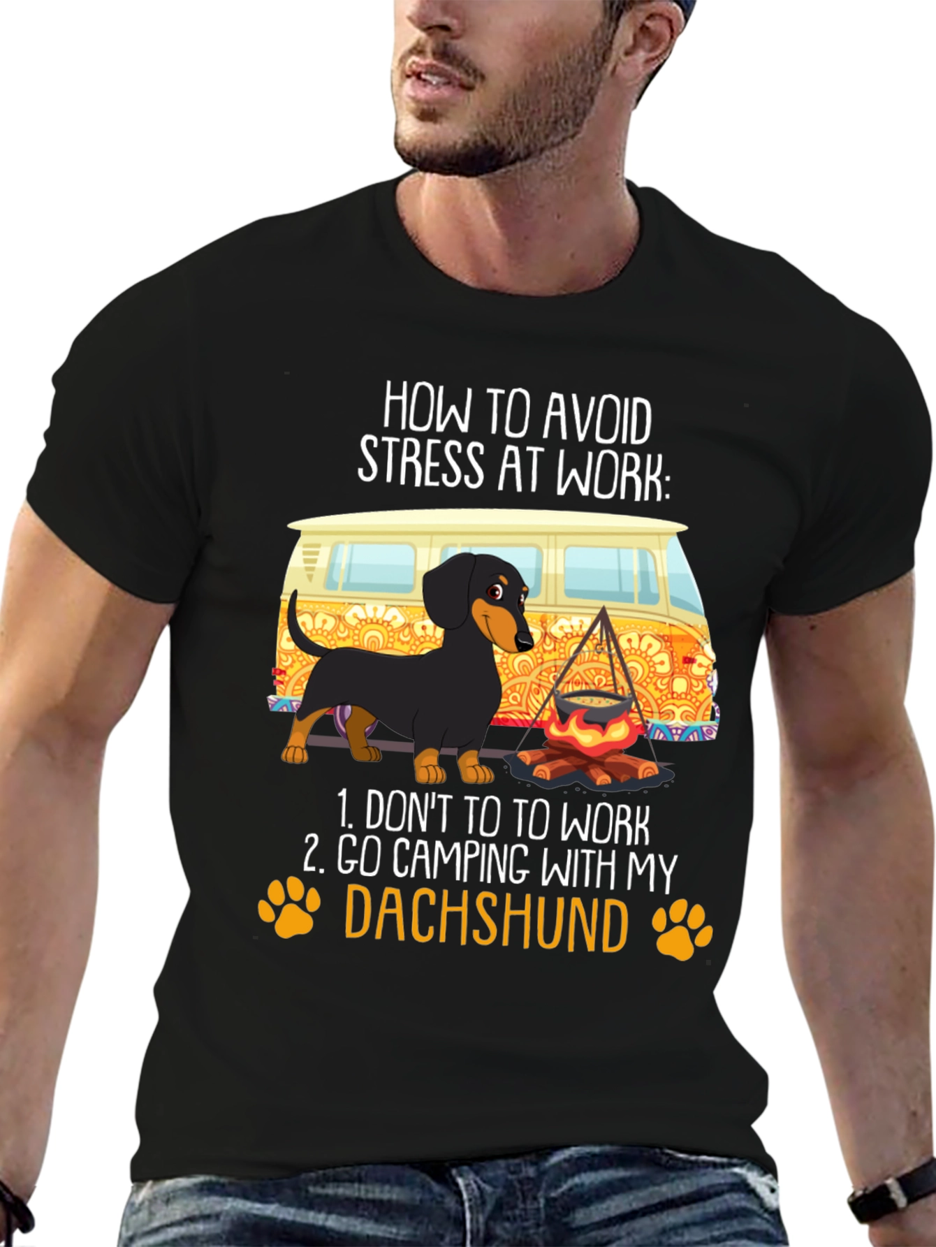 Black Avoid Stress Dachshund Camping T-Shirt view 6