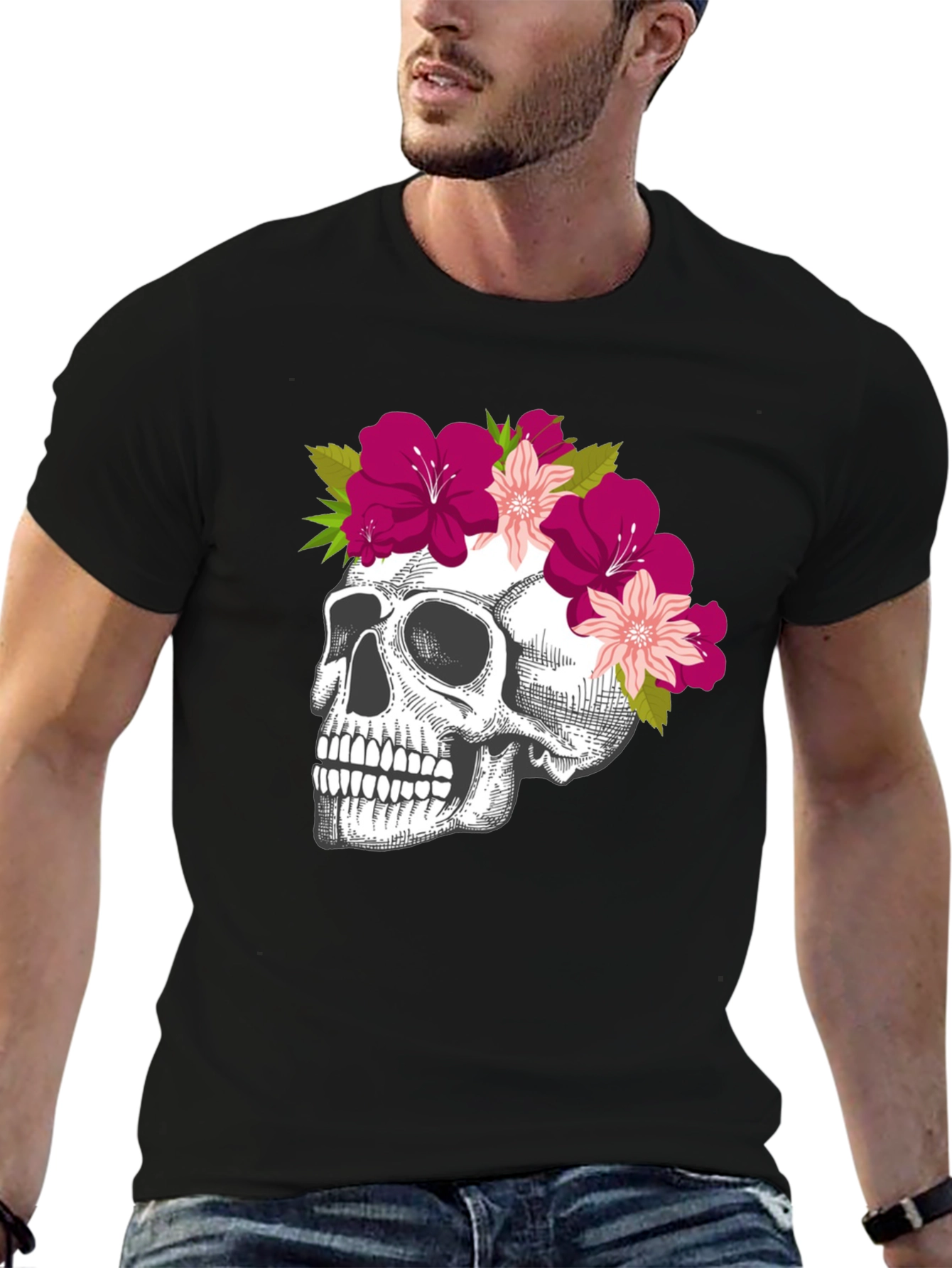 Black Floral Skull Graphic Tee - Unique & Stylish view 6