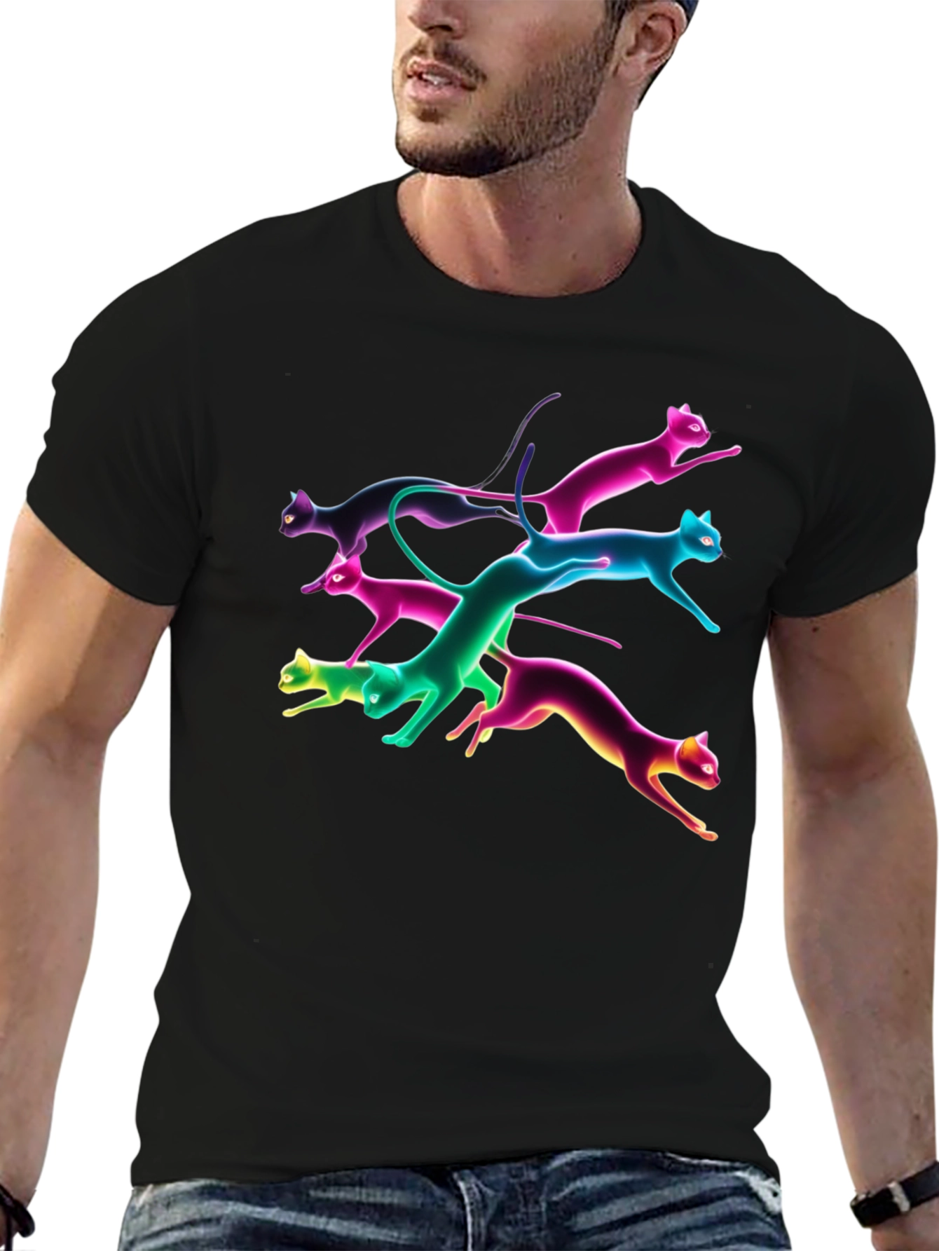 Black Neon Cats Black T-Shirt view 6