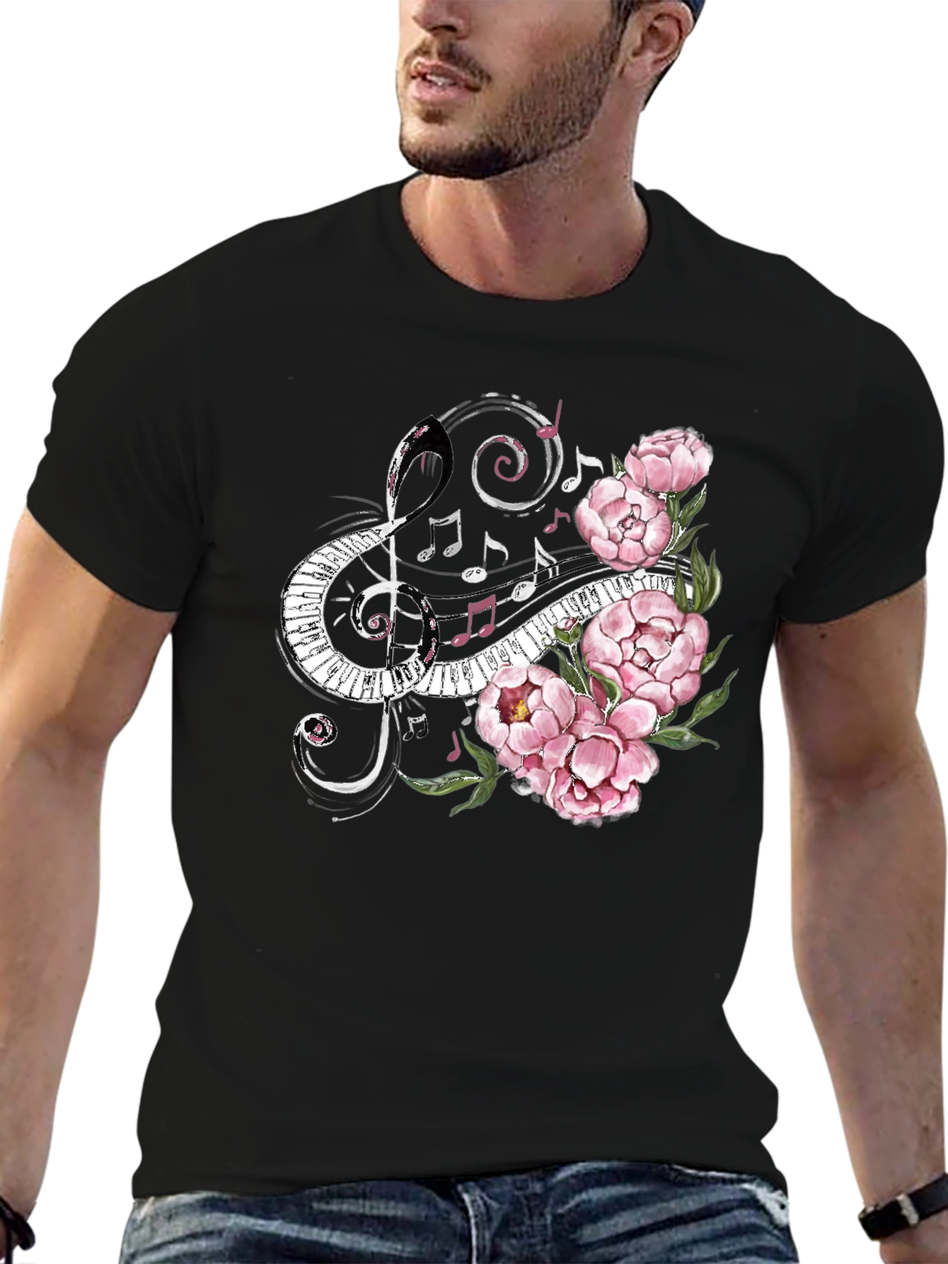 Black Musical Florals Men's Black Tee view 6