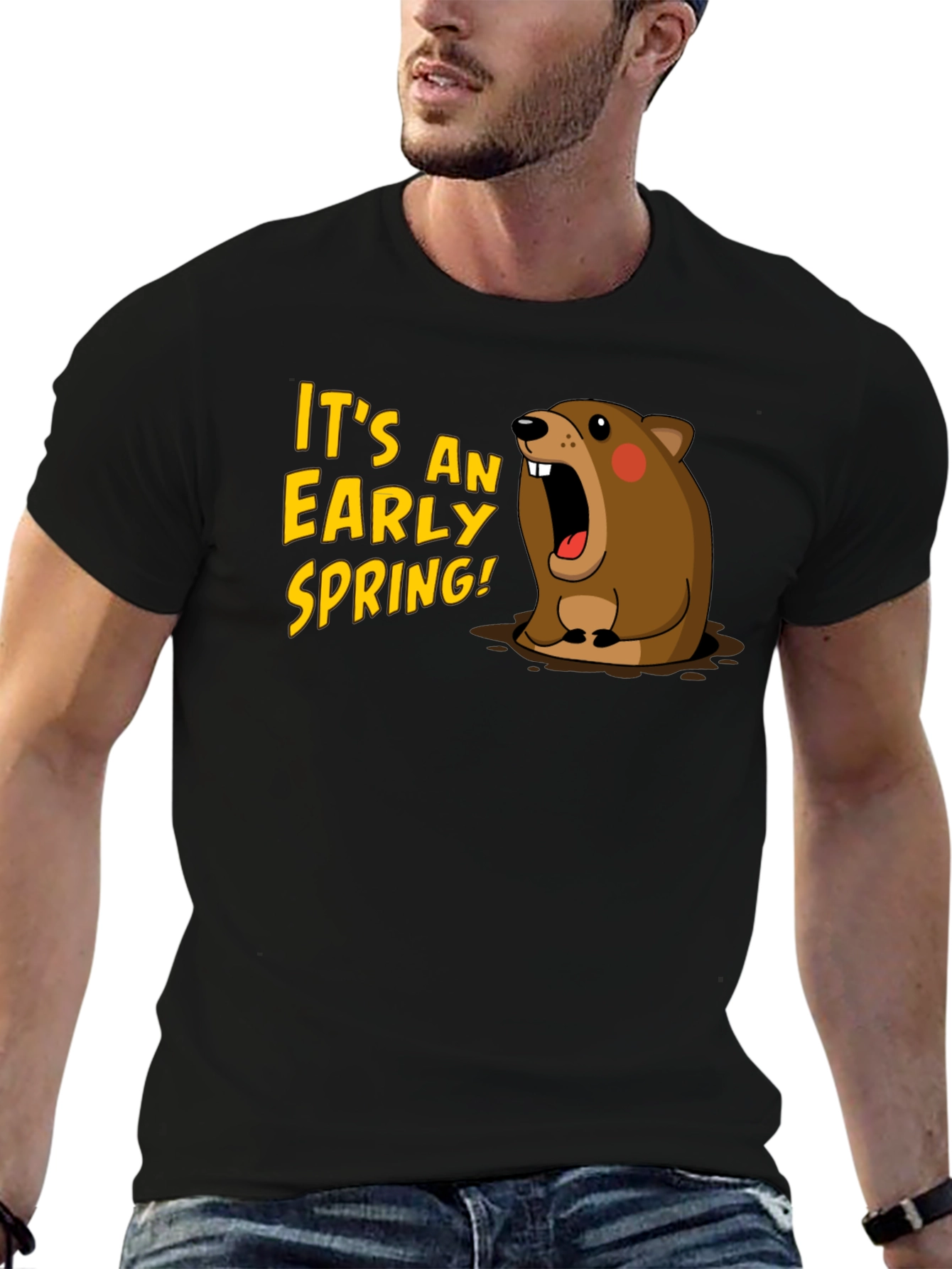 Black Early Spring Cartoon Groundhog Black T-Shirt view 6