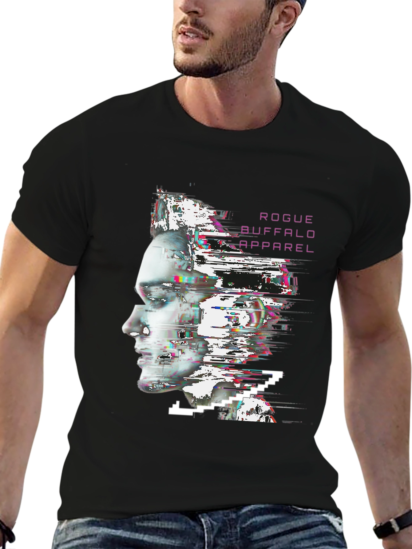 Black Rogue Buffalo Apparel Glitch Portrait T-Shirt view 6