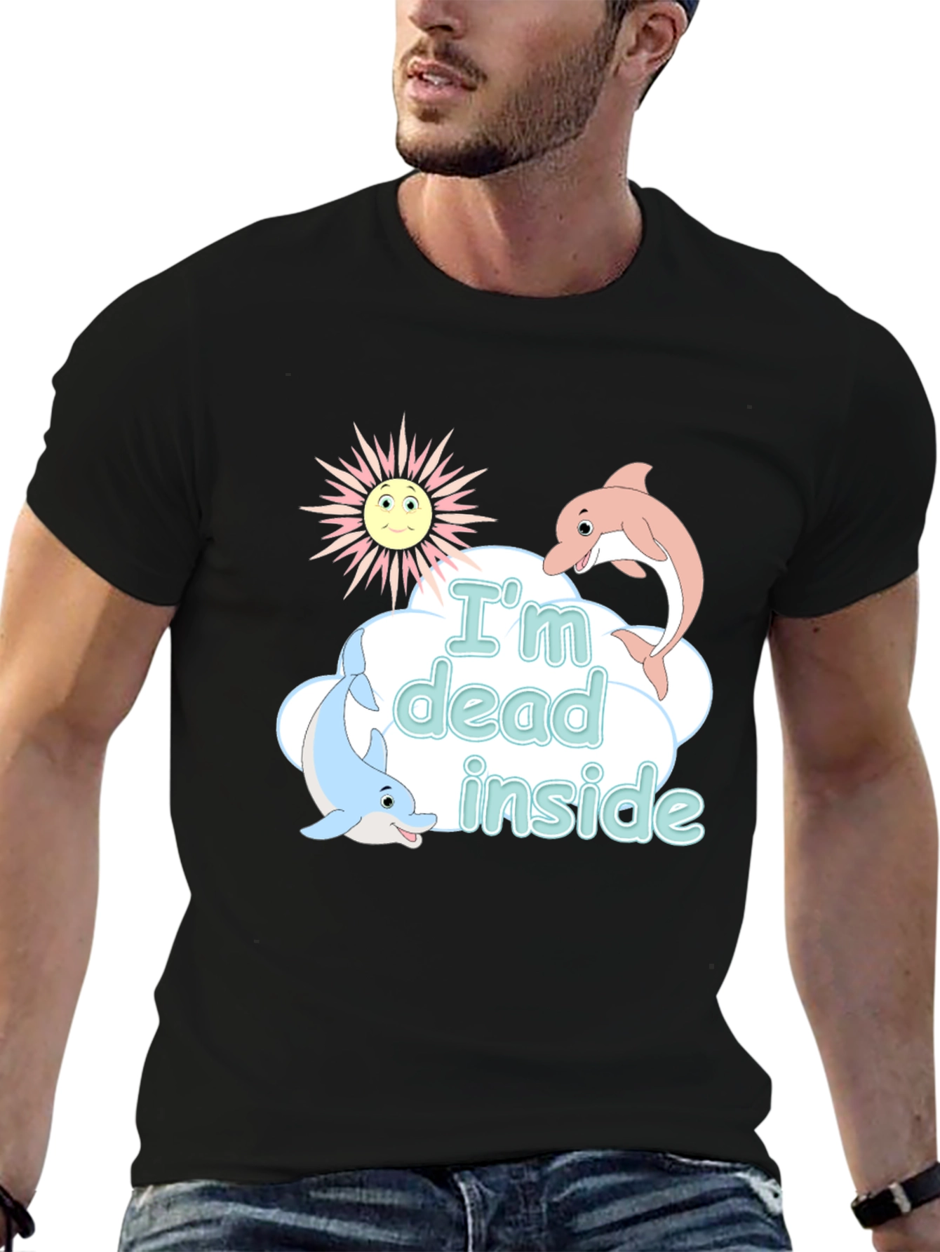 Black I'm Dead Inside Funny Dolphin Graphic T-Shirt view 6