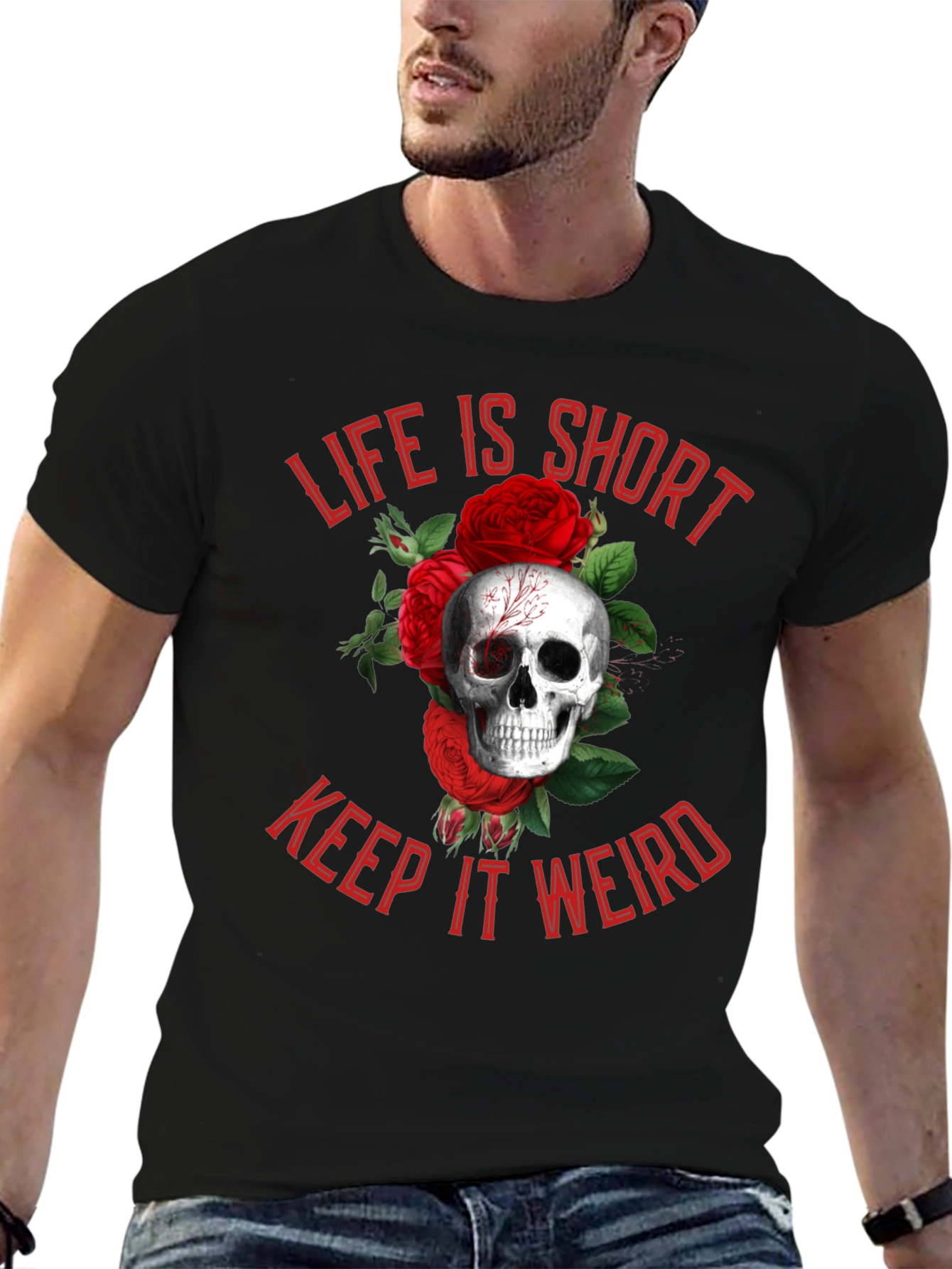 Black Life is Short, Keep it Weird Skull & Roses Graphic Tee view 6
