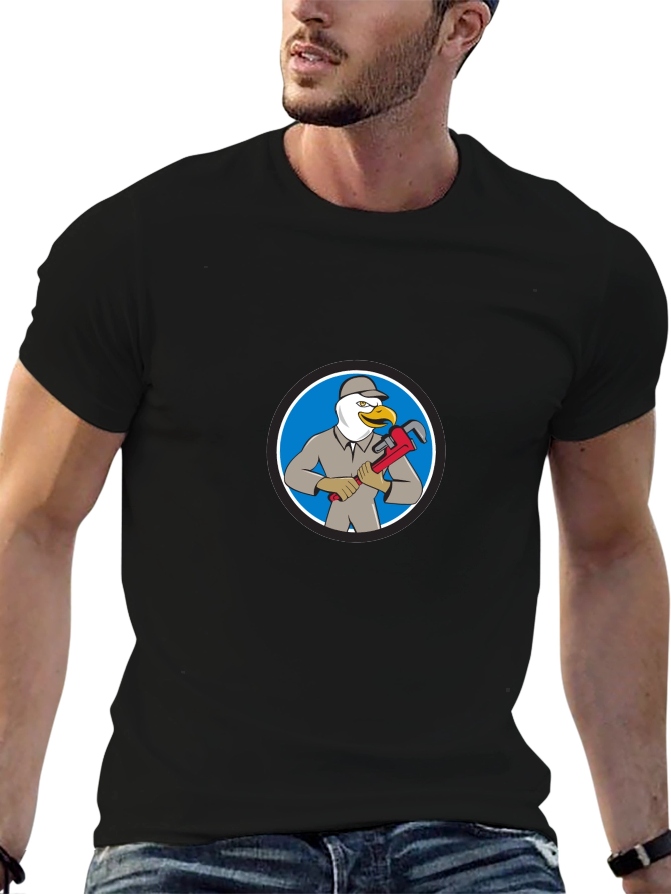 Black Cartoon Seagull Plumber T-Shirt view 6