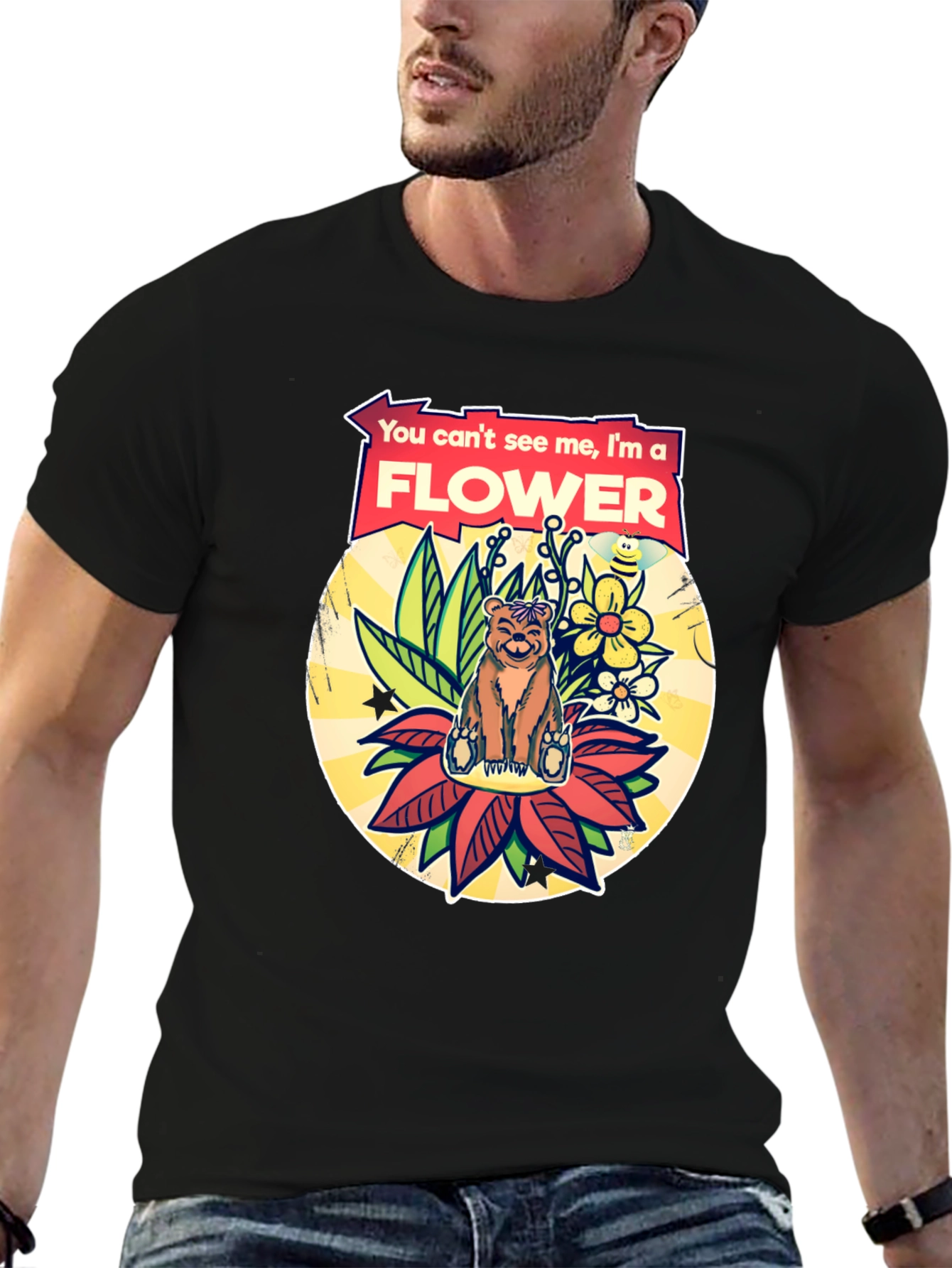 Black Funny Bear Flower T-Shirt - You Can't See Me view 6