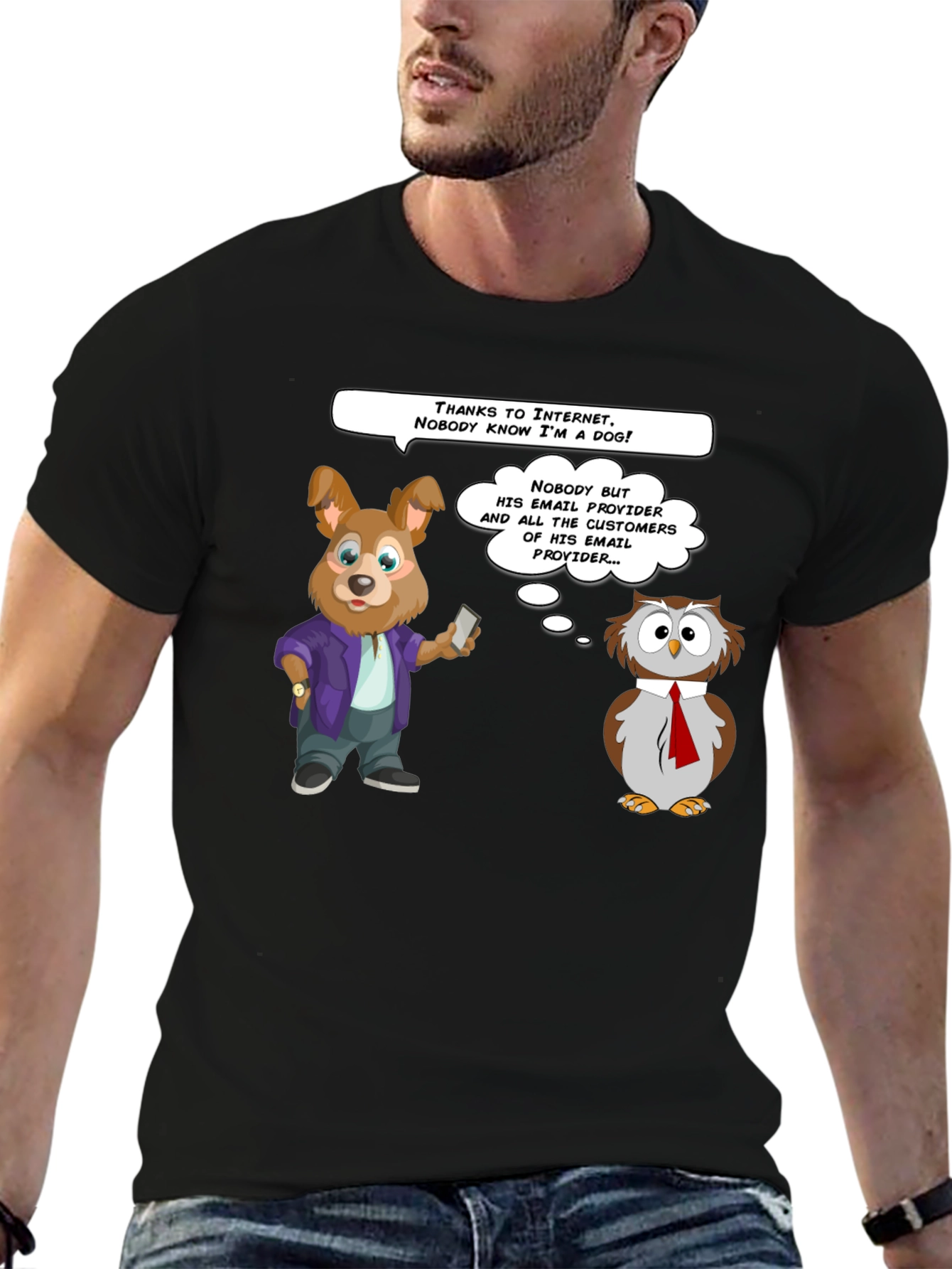 Black Funny Internet Dog & Owl T-Shirt view 6